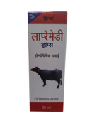 Box of veterinary medicine for animals with text and a cow illustration on a white background