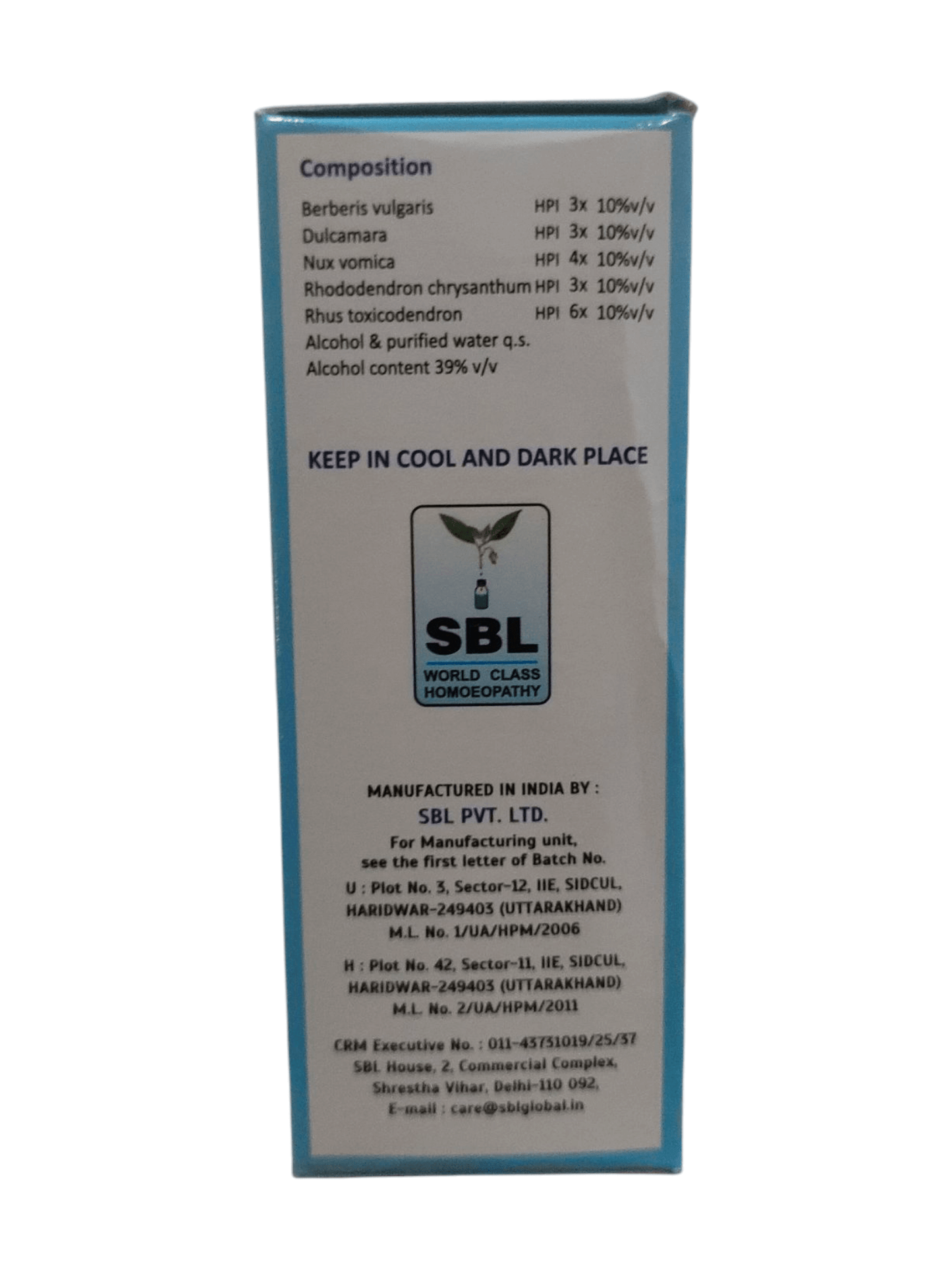 SBL pharmaceutical packaging with text and logo on a white background