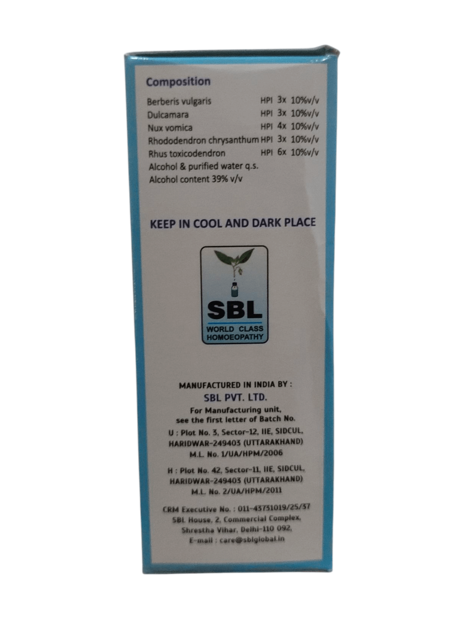SBL pharmaceutical packaging with text and logo on a white background