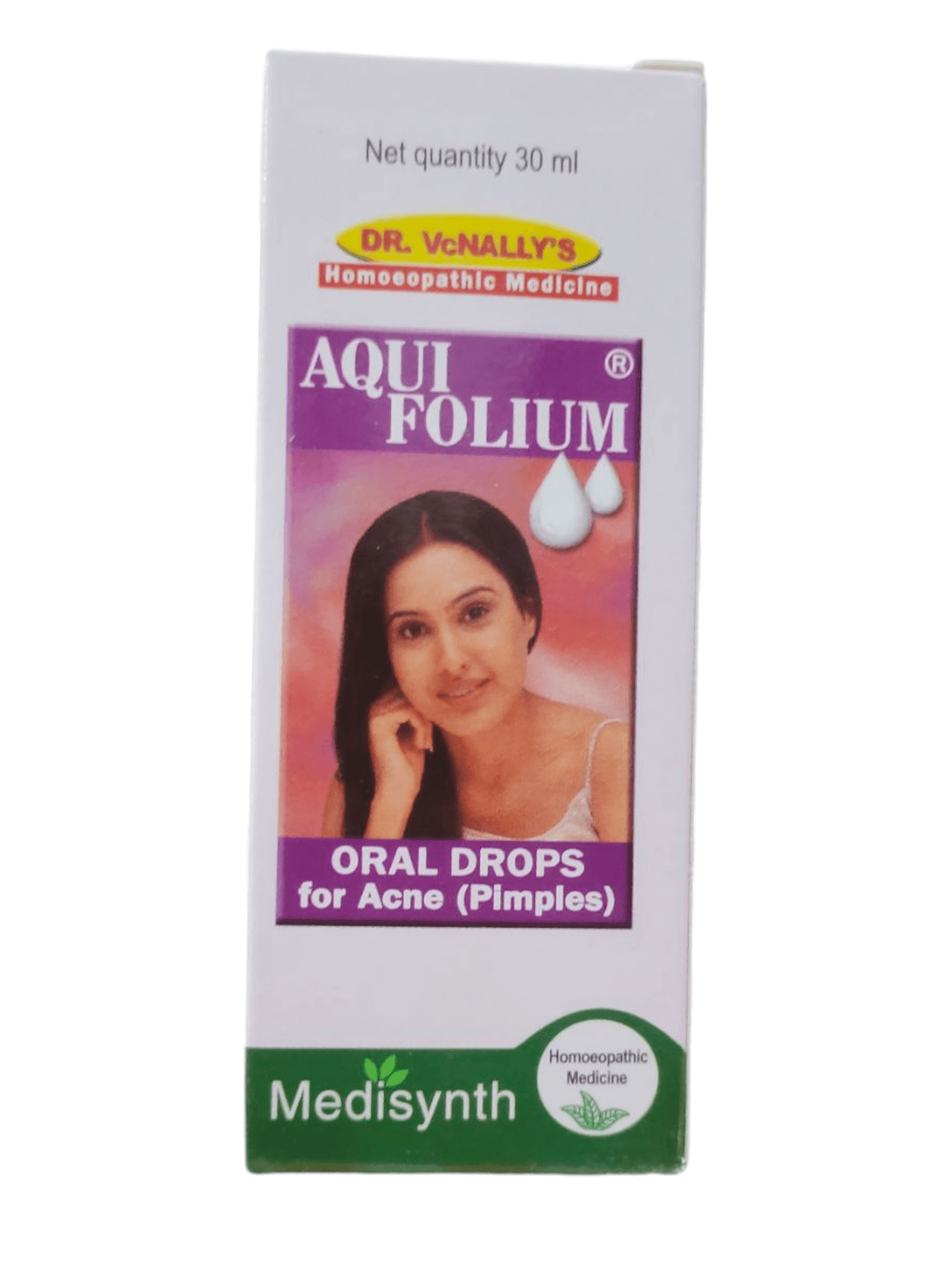 Box of Dr. Vcnally's Aqui Folium Oral Drops for Acne on a white background