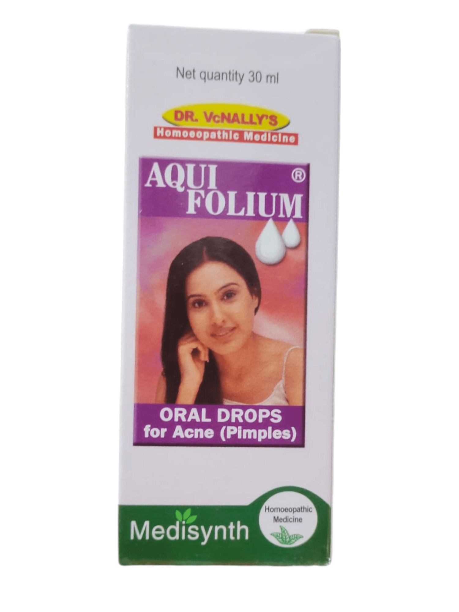 Box of Dr. Vcnally's Aqui Folium Oral Drops for Acne on a white background