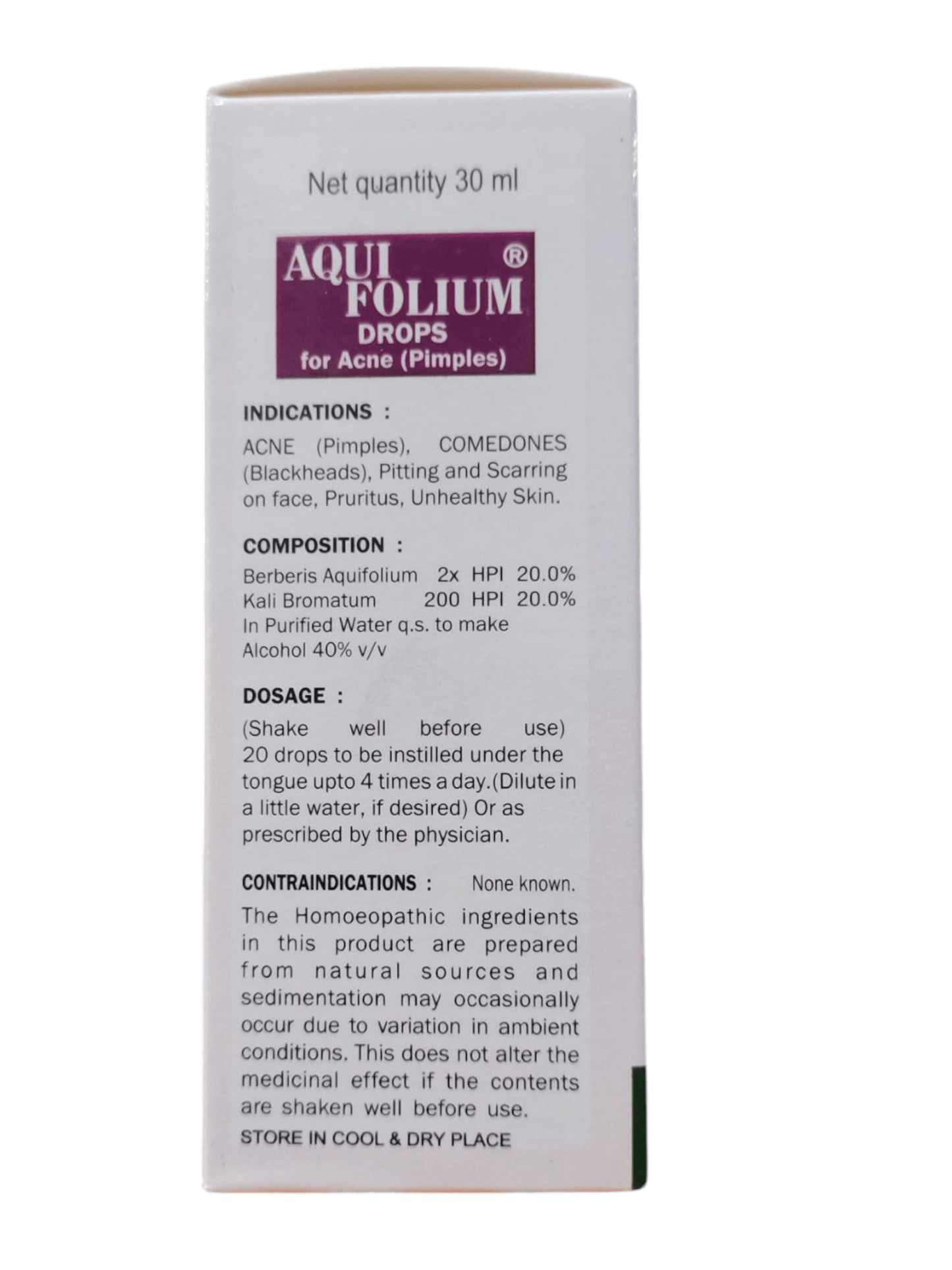 Aqui Folium Drops packaging for acne on a white background