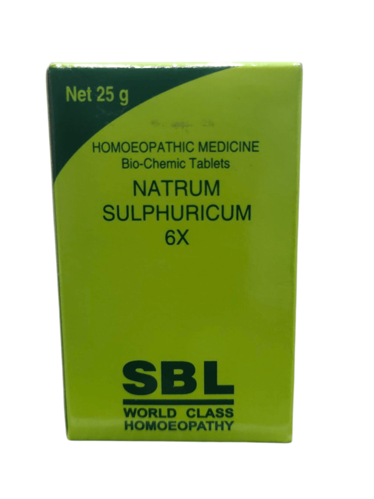 Green box of SBL Natrum Sulphuricum 6X homeopathic medicine on a white background