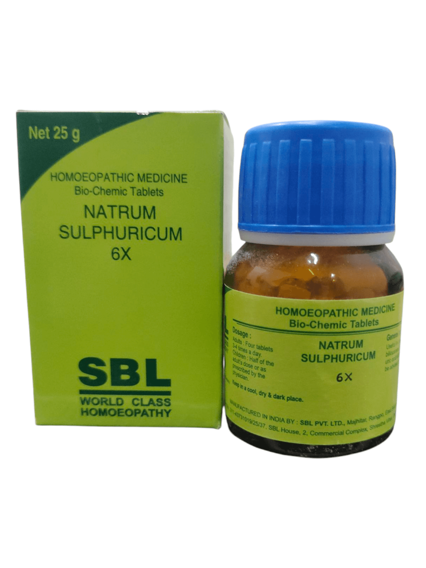SBL Natrum Sulphuricum 6X homeopathic medicine bottle and packaging on a white background