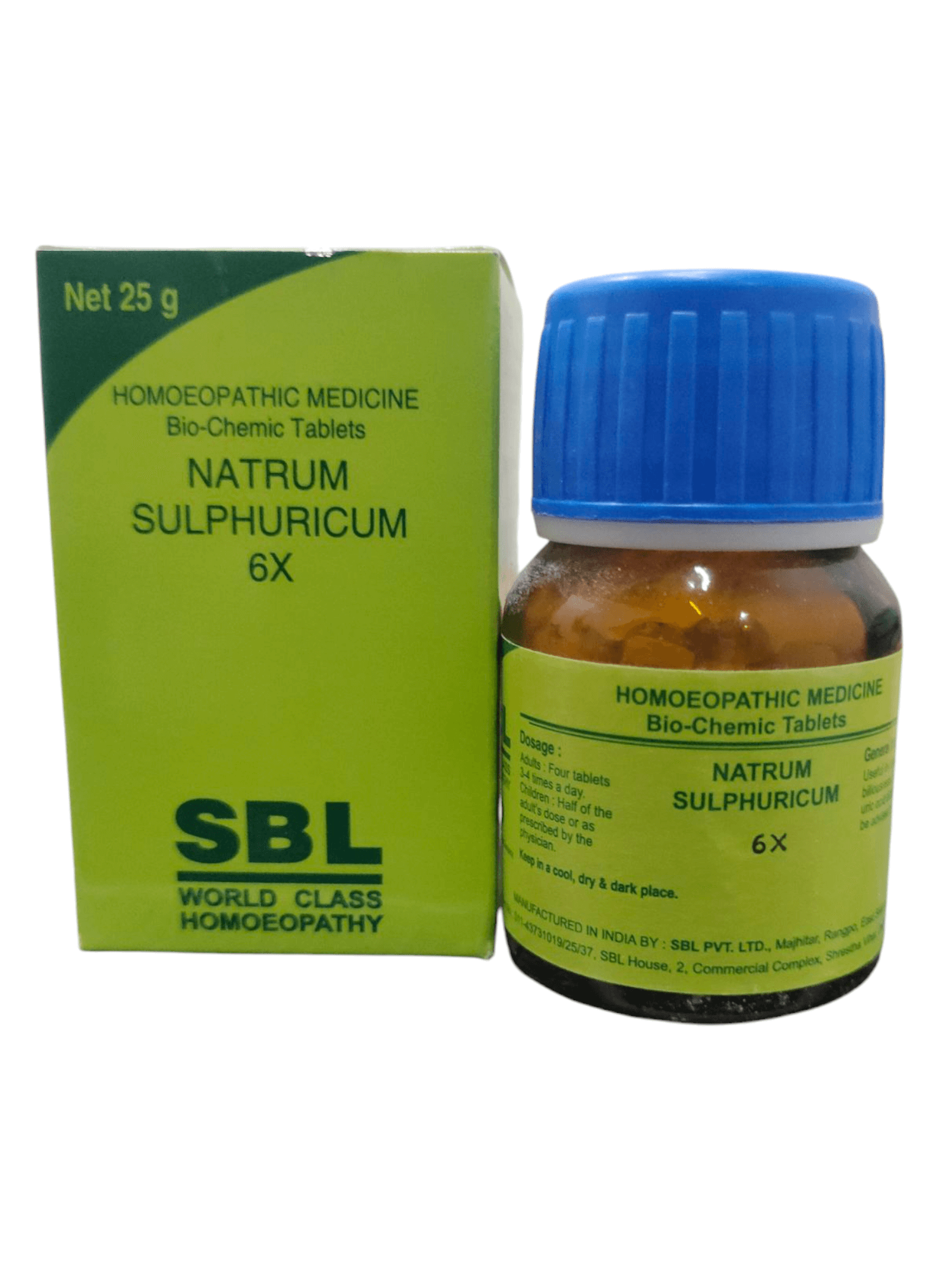 SBL Natrum Sulphuricum 6X homeopathic medicine bottle and packaging on a white background