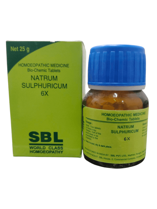 SBL Natrum Sulphuricum 6X homeopathic medicine bottle and packaging on a white background