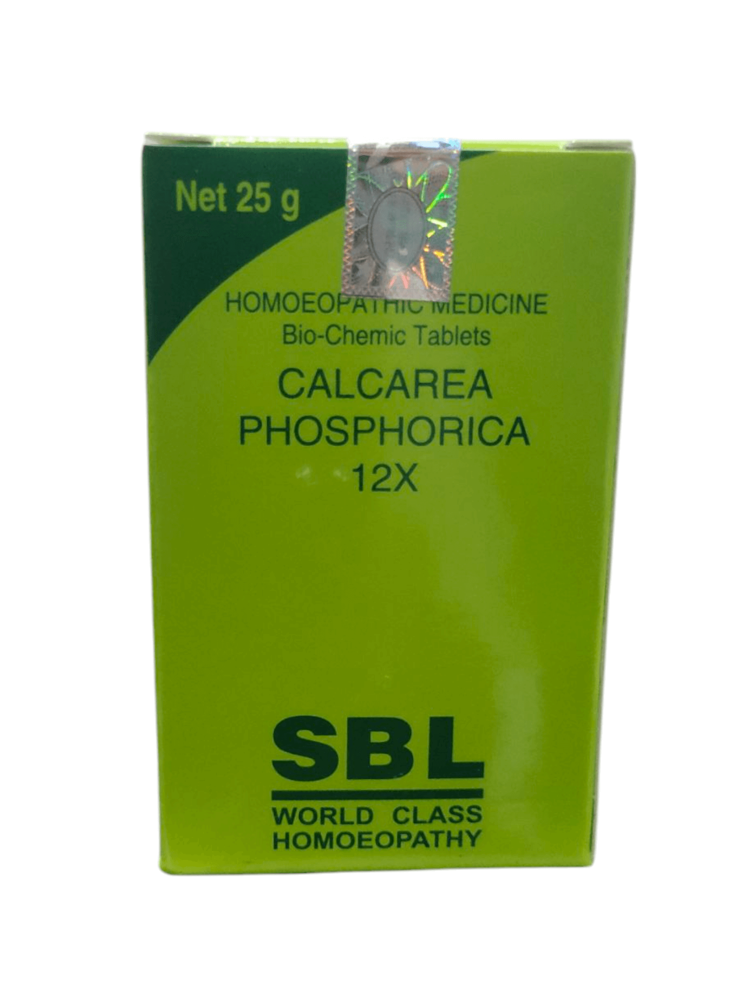 Green box of SBL Calcarea Phosphorica homeopathic medicine on a white background