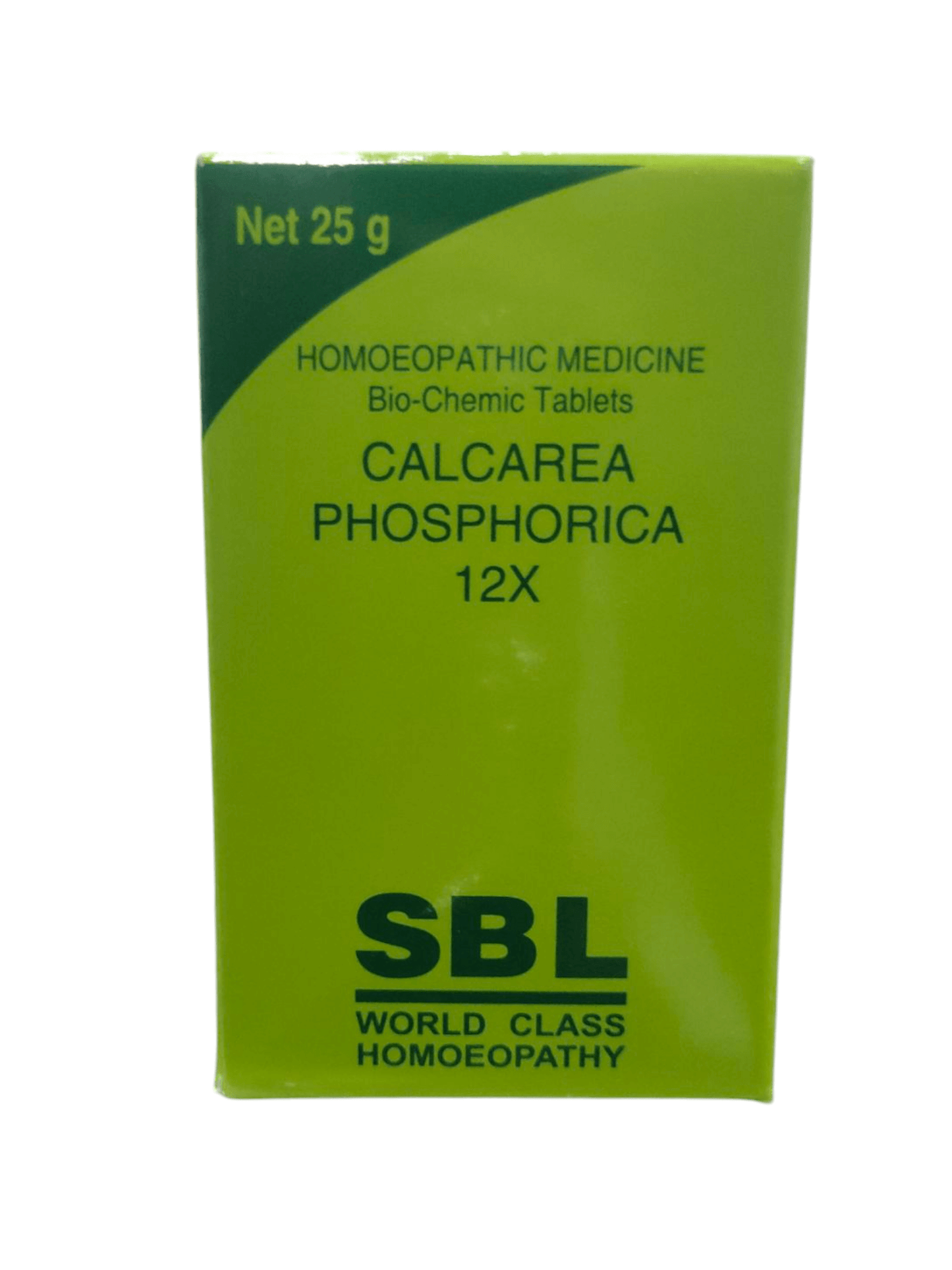 Green packaging of SBL Calcarea Phosphorica 12X tablets on a white background