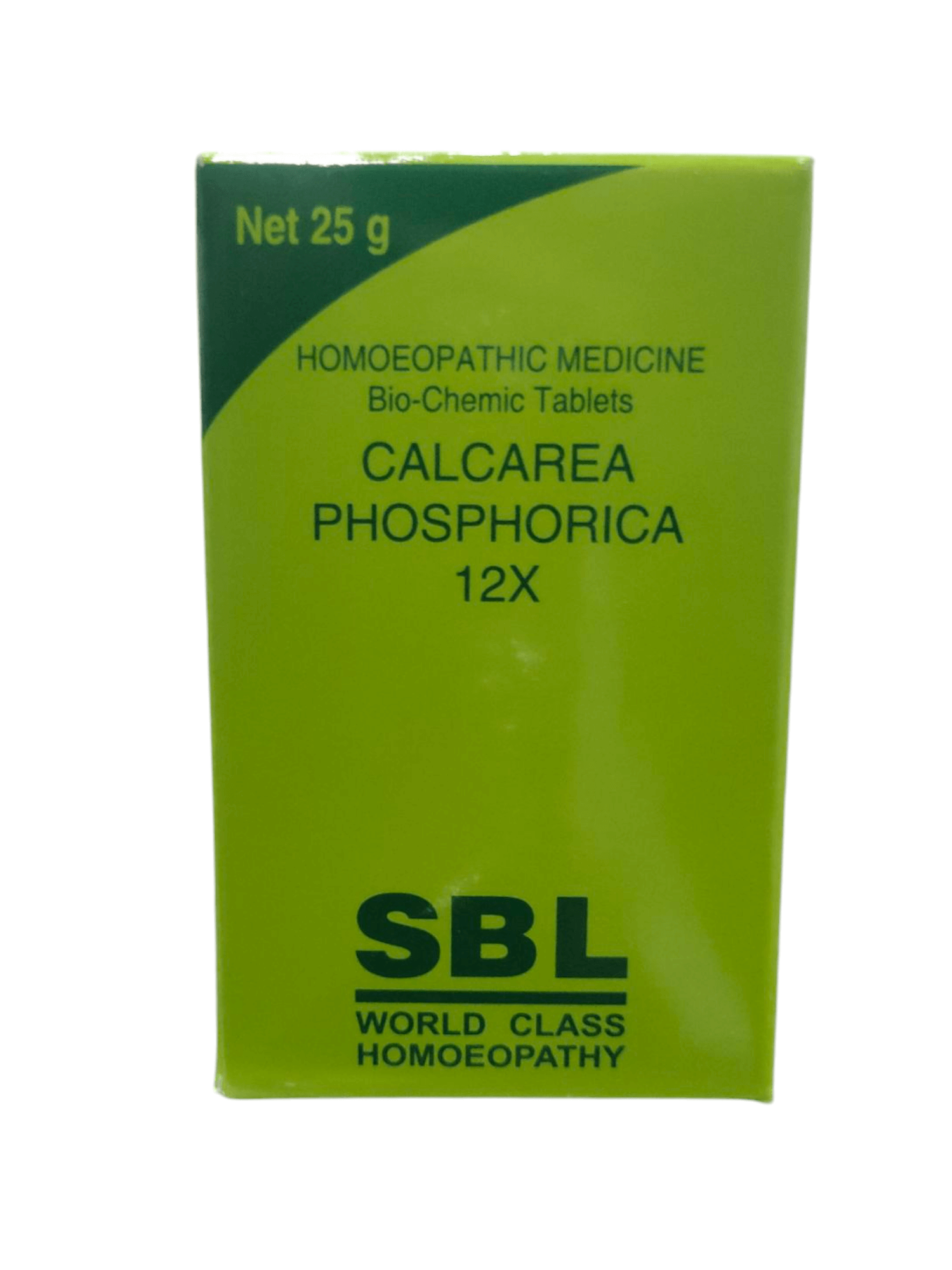Green packaging of SBL Calcarea Phosphorica 12X tablets on a white background