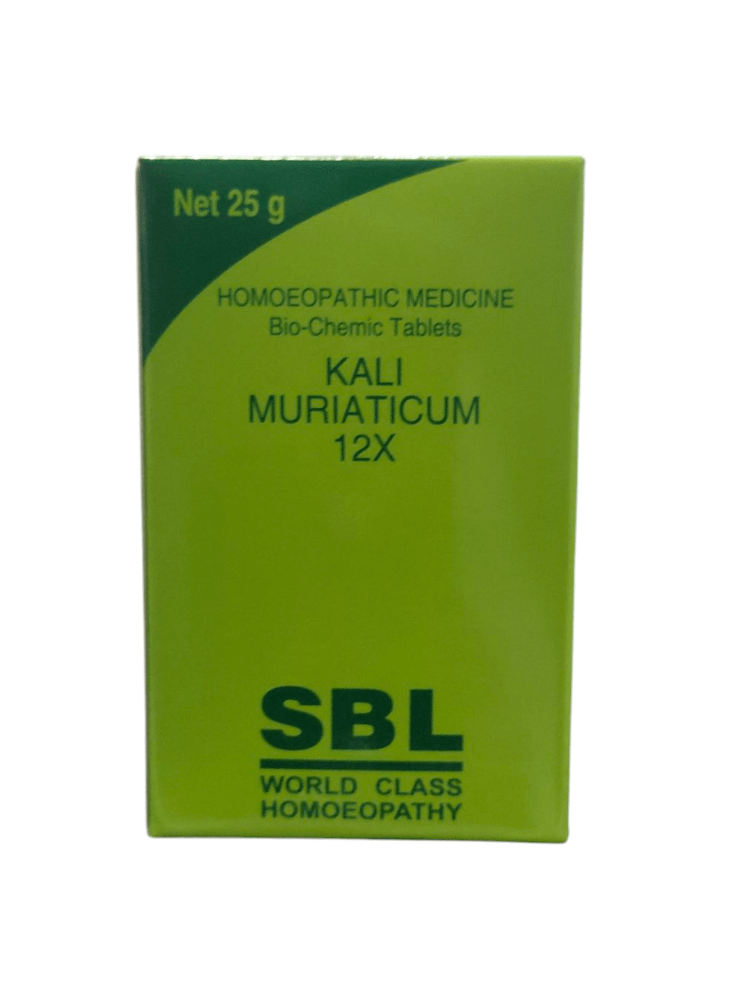 Green packaging of SBL Kali Muriaticum 12X bio-chemic tablets on a white background