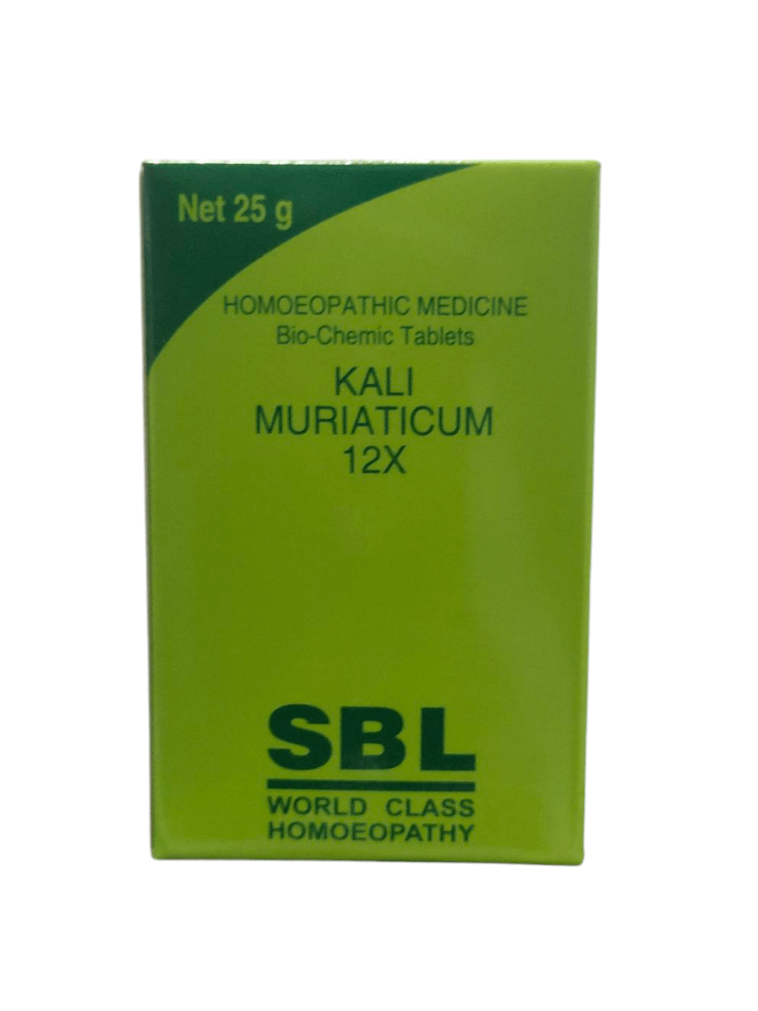 Green packaging of SBL Kali Muriaticum 12X bio-chemic tablets on a white background