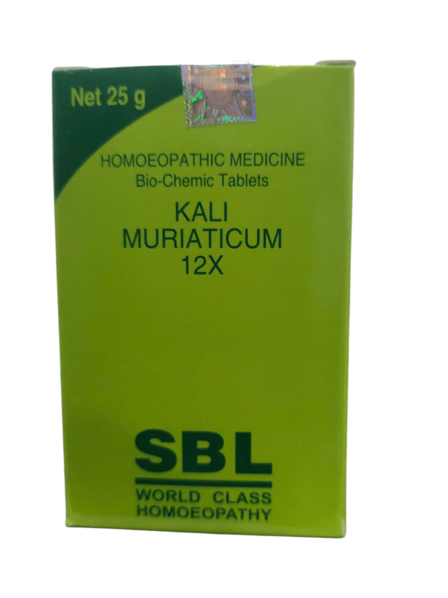 Green packaging of SBL Kali Muriaticum 12X homoeopathic medicine on a white background