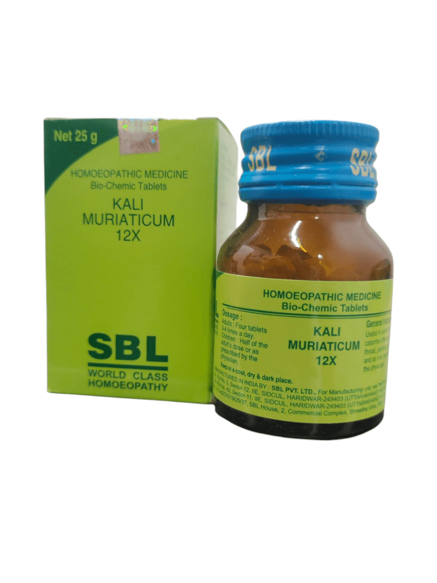SBL Kali Muriaticum 12X homoeopathic medicine bottle and packaging on a white background