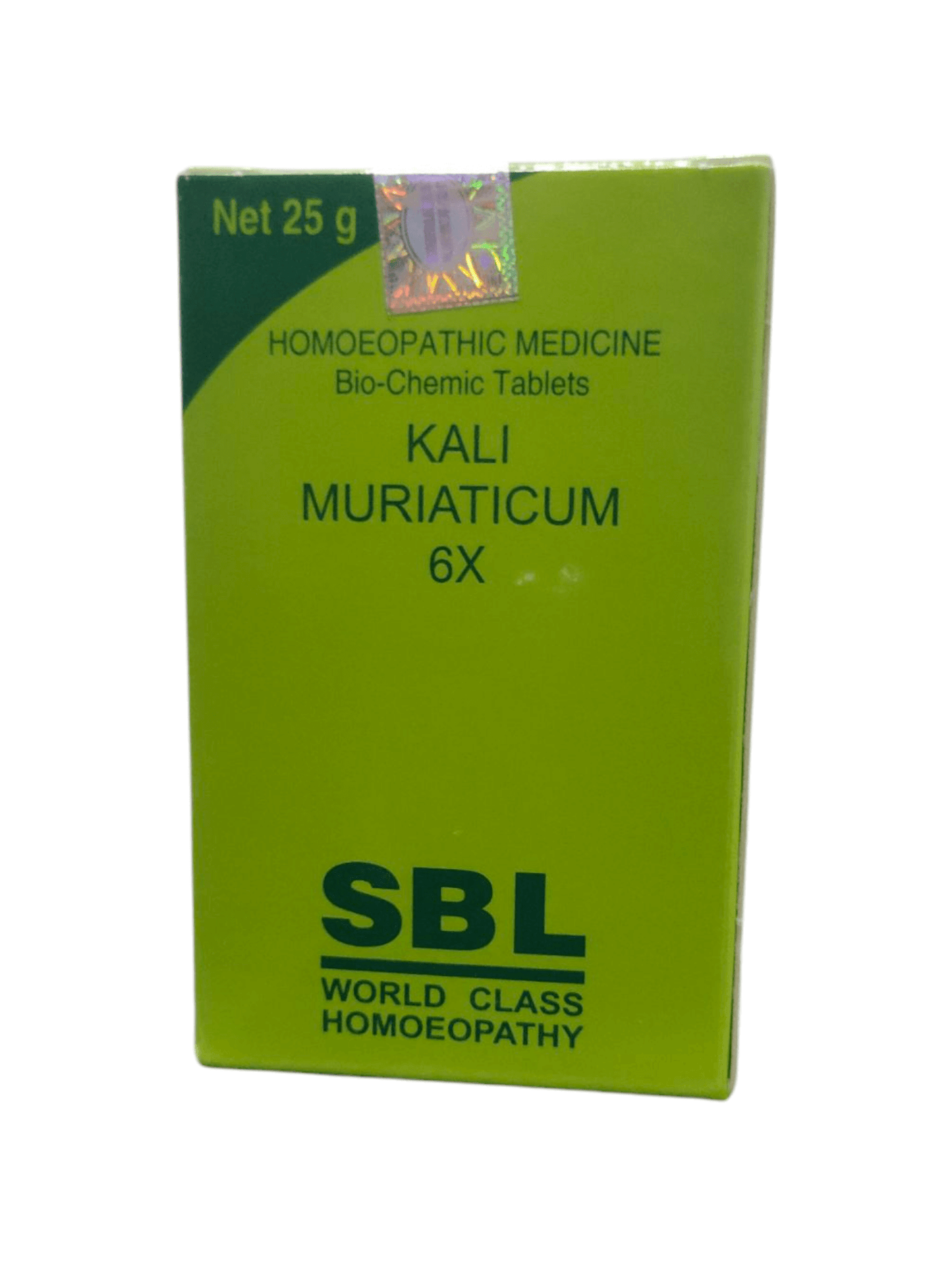 Green box of SBL Kali Muriaticum 6X homeopathic medicine on a white background