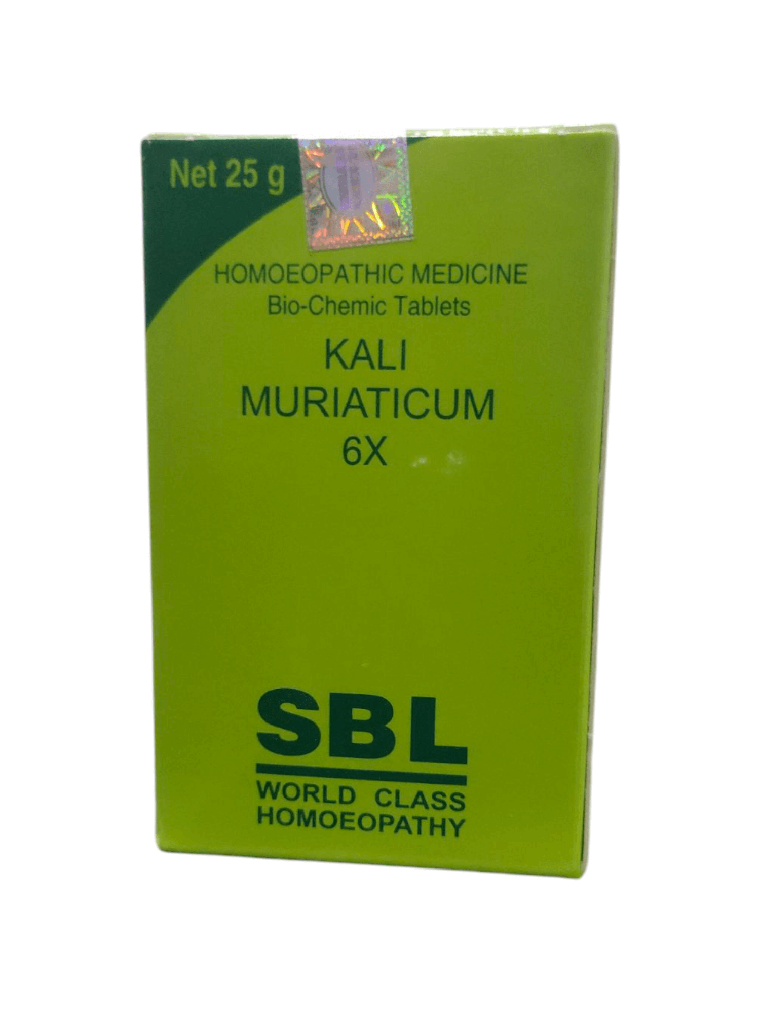Green box of SBL Kali Muriaticum 6X homeopathic medicine on a white background