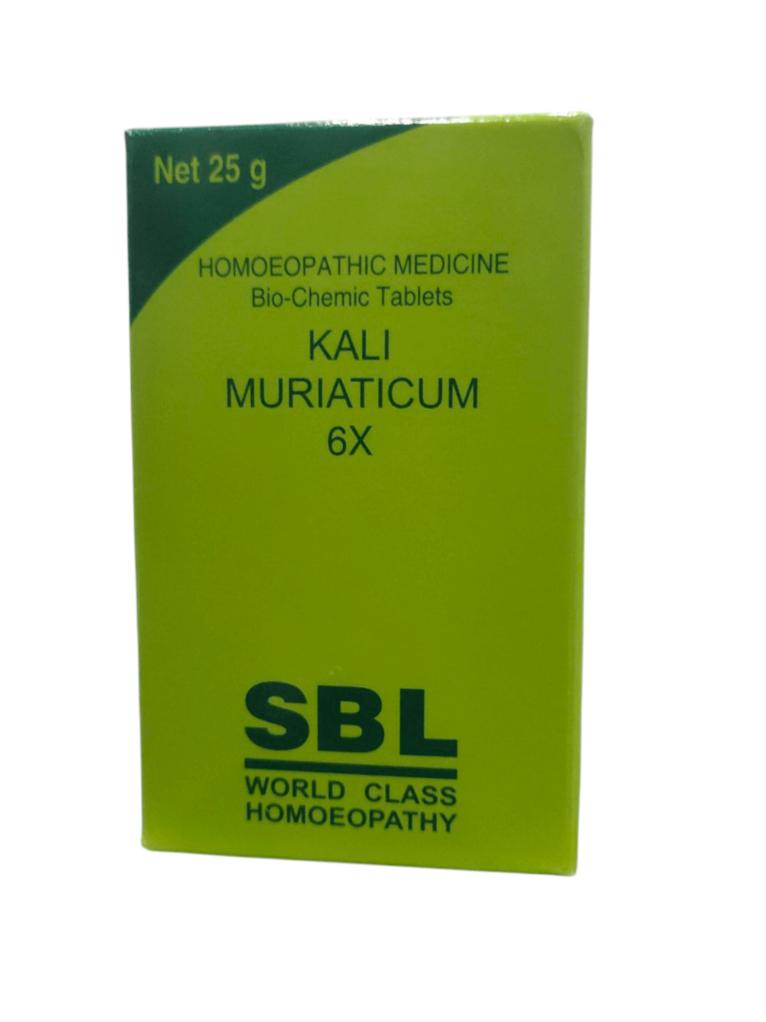 Green box of SBL Kali Muriaticum 6X homoeopathic medicine on a white background