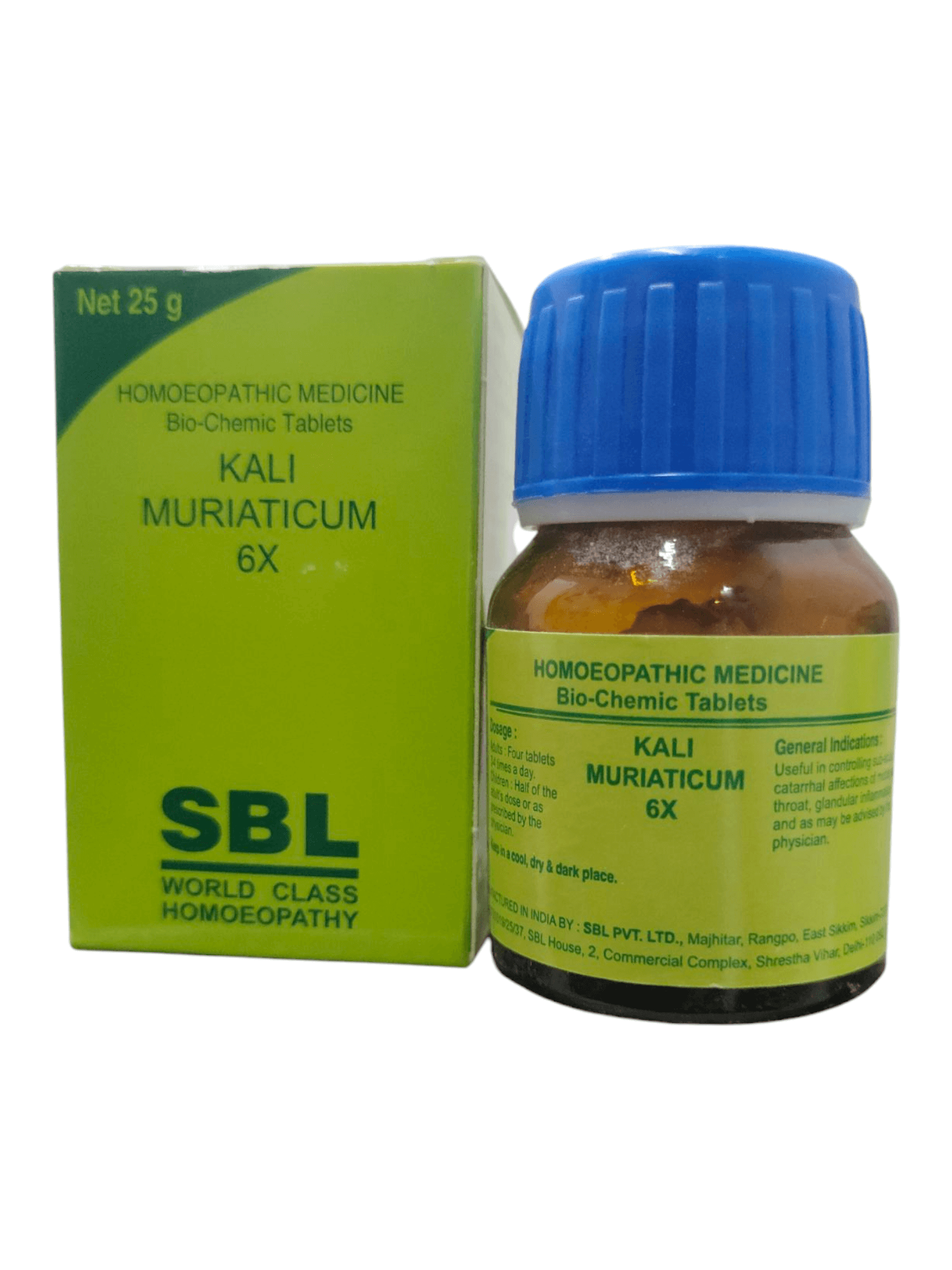 SBL Kali Muriaticum 6X homeopathic medicine bottle and packaging on a white background