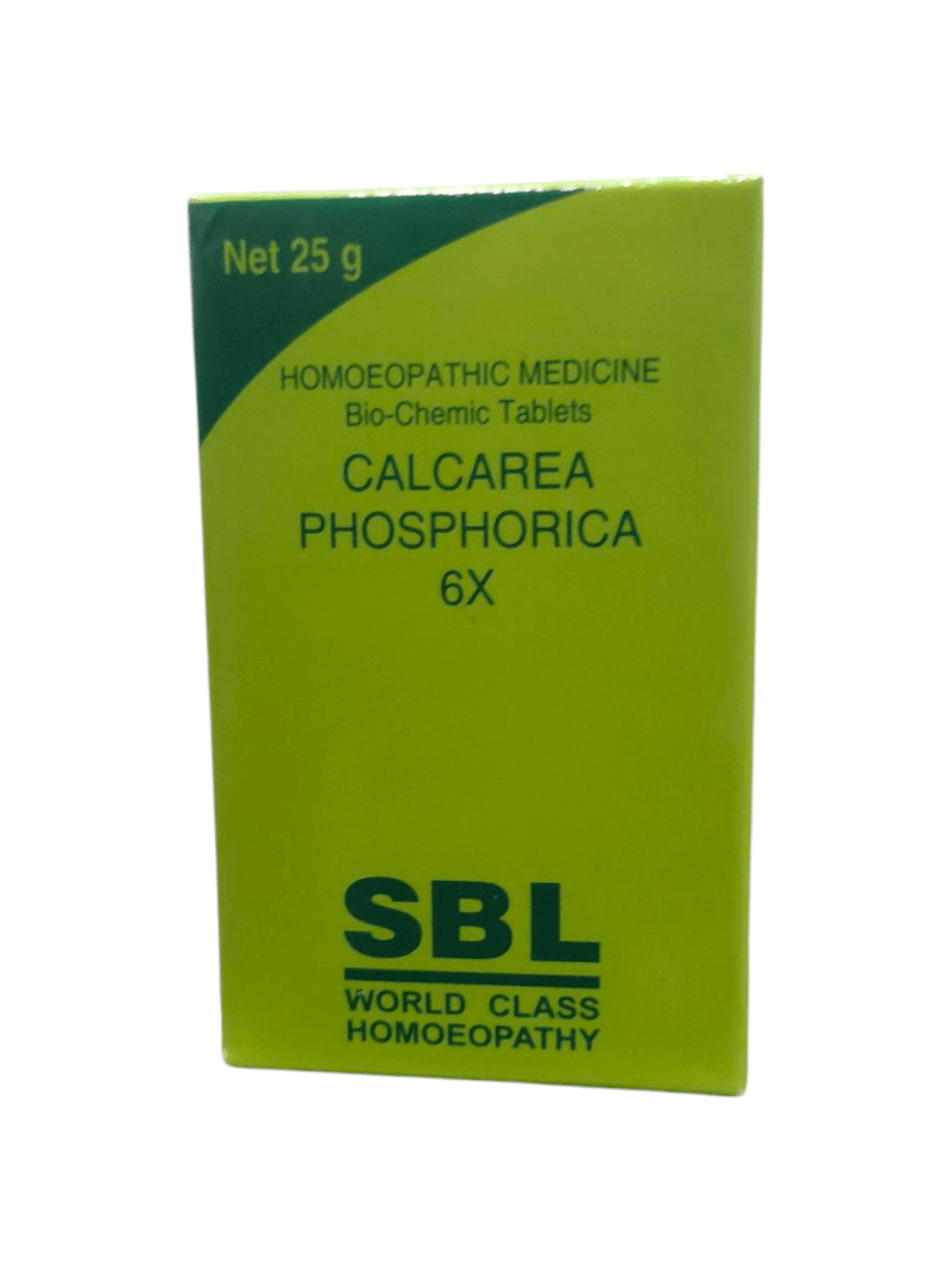 Green box of SBL Calcarea Phosphorica 6X homoeopathic medicine on a white background