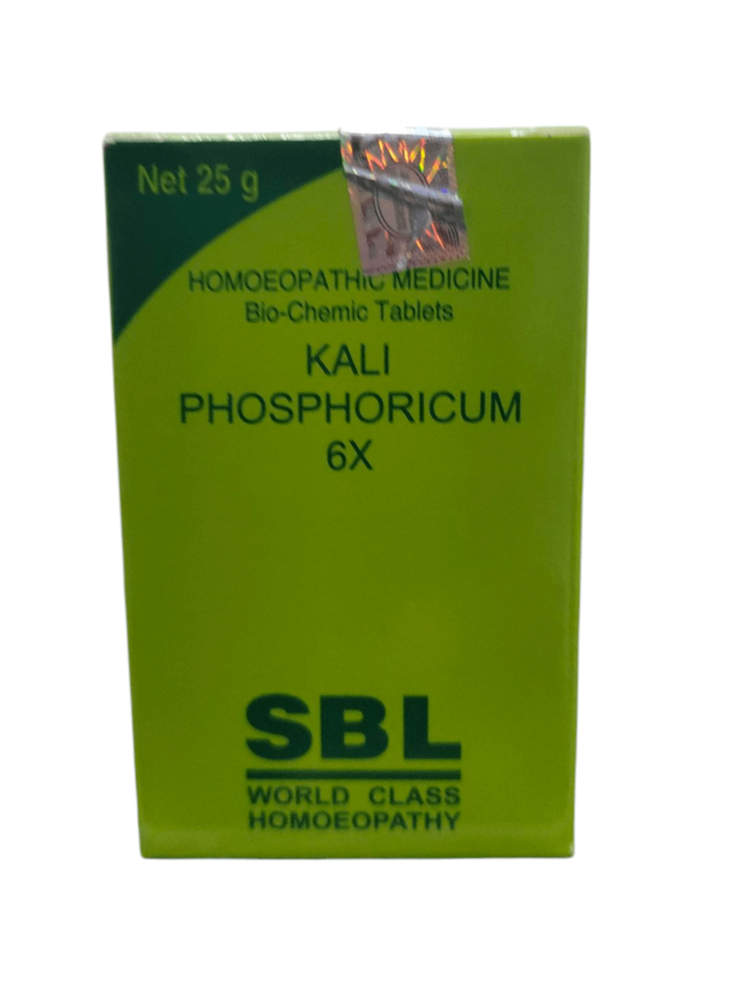 Green box of SBL Kali Phosphoricum 6X homeopathic medicine on a white background