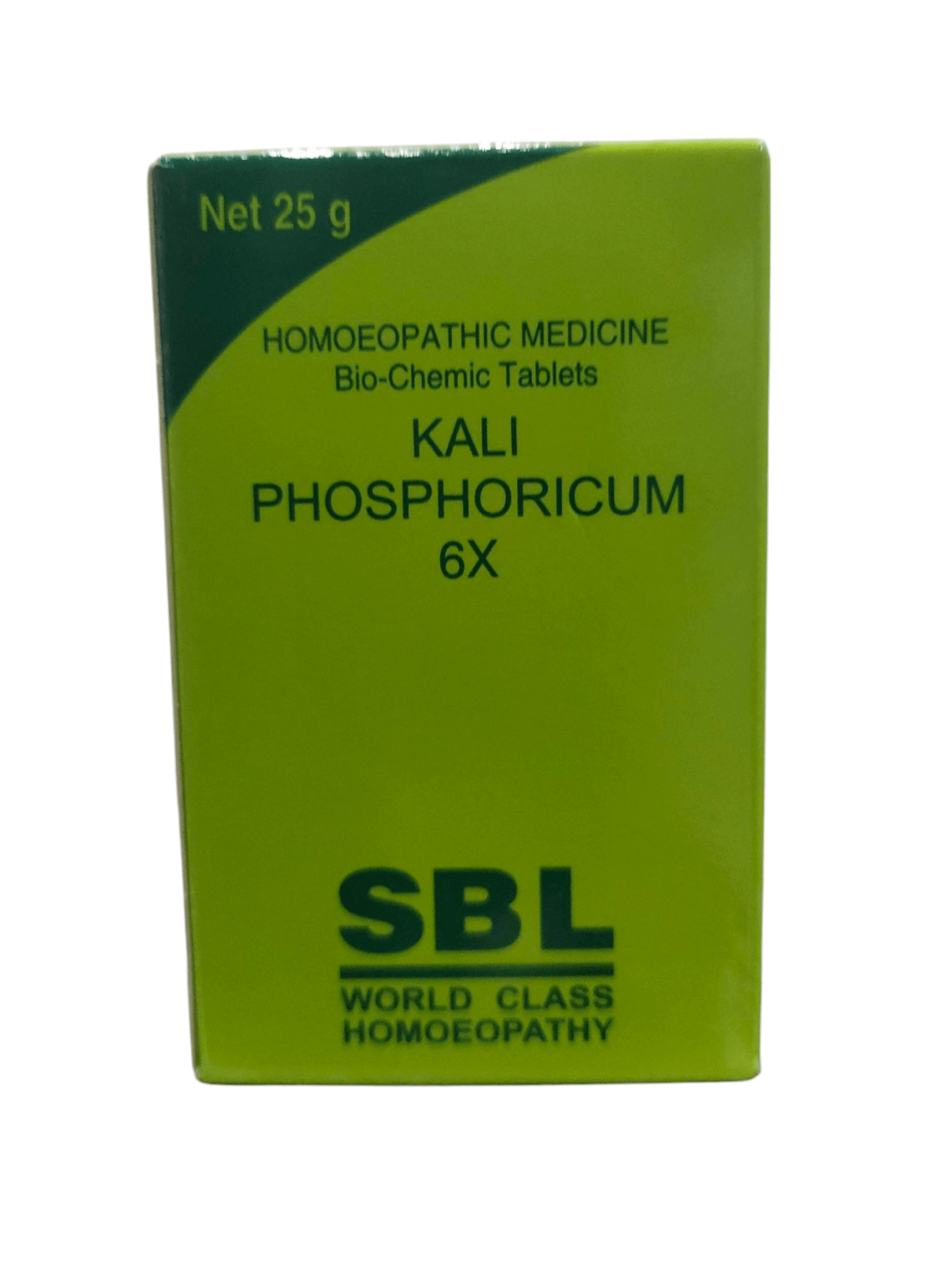 Green box of SBL Kali Phosphoricum 6X homoeopathic medicine on a white background