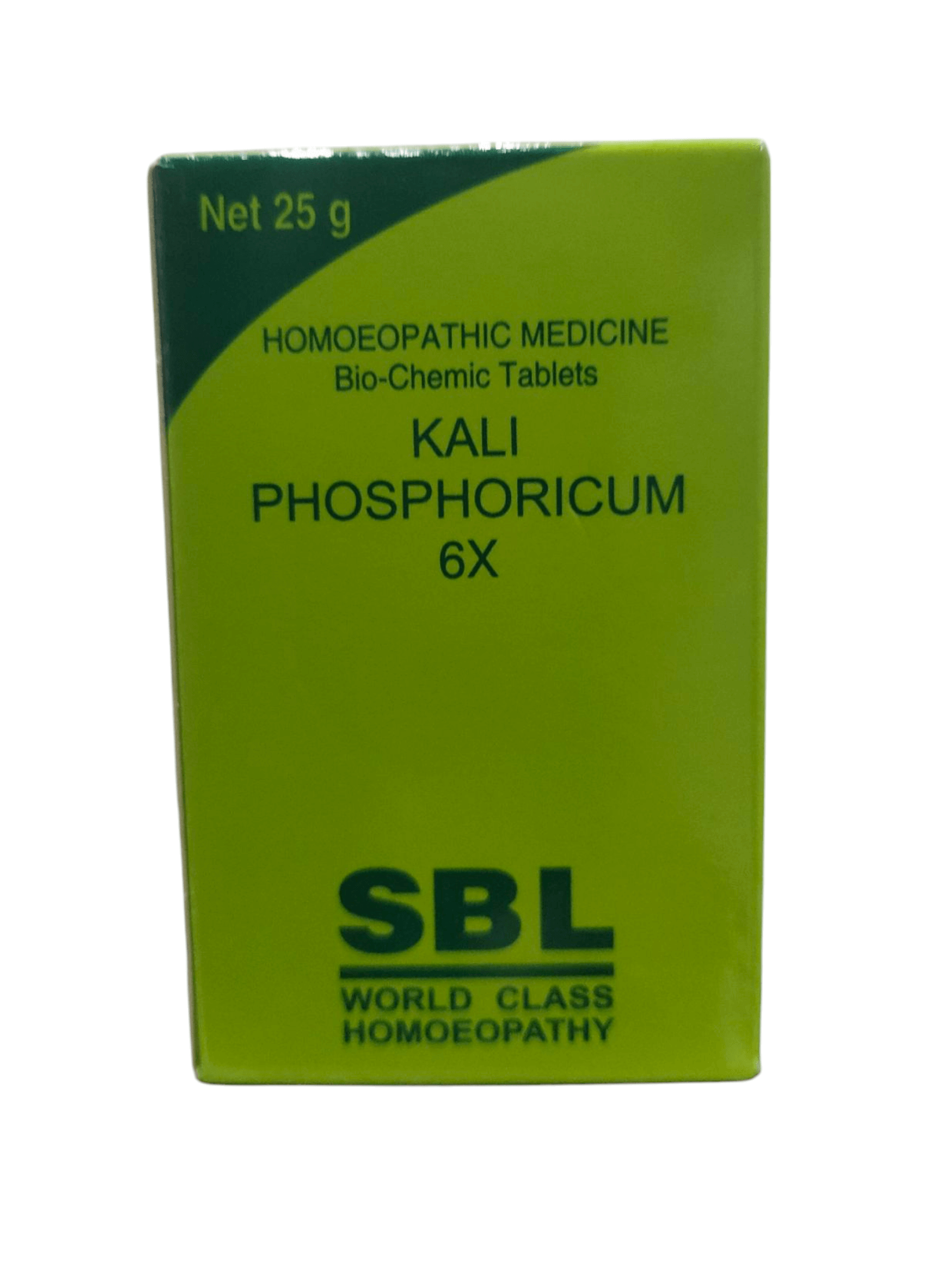 Green box of SBL Kali Phosphoricum 6X homoeopathic medicine on a white background