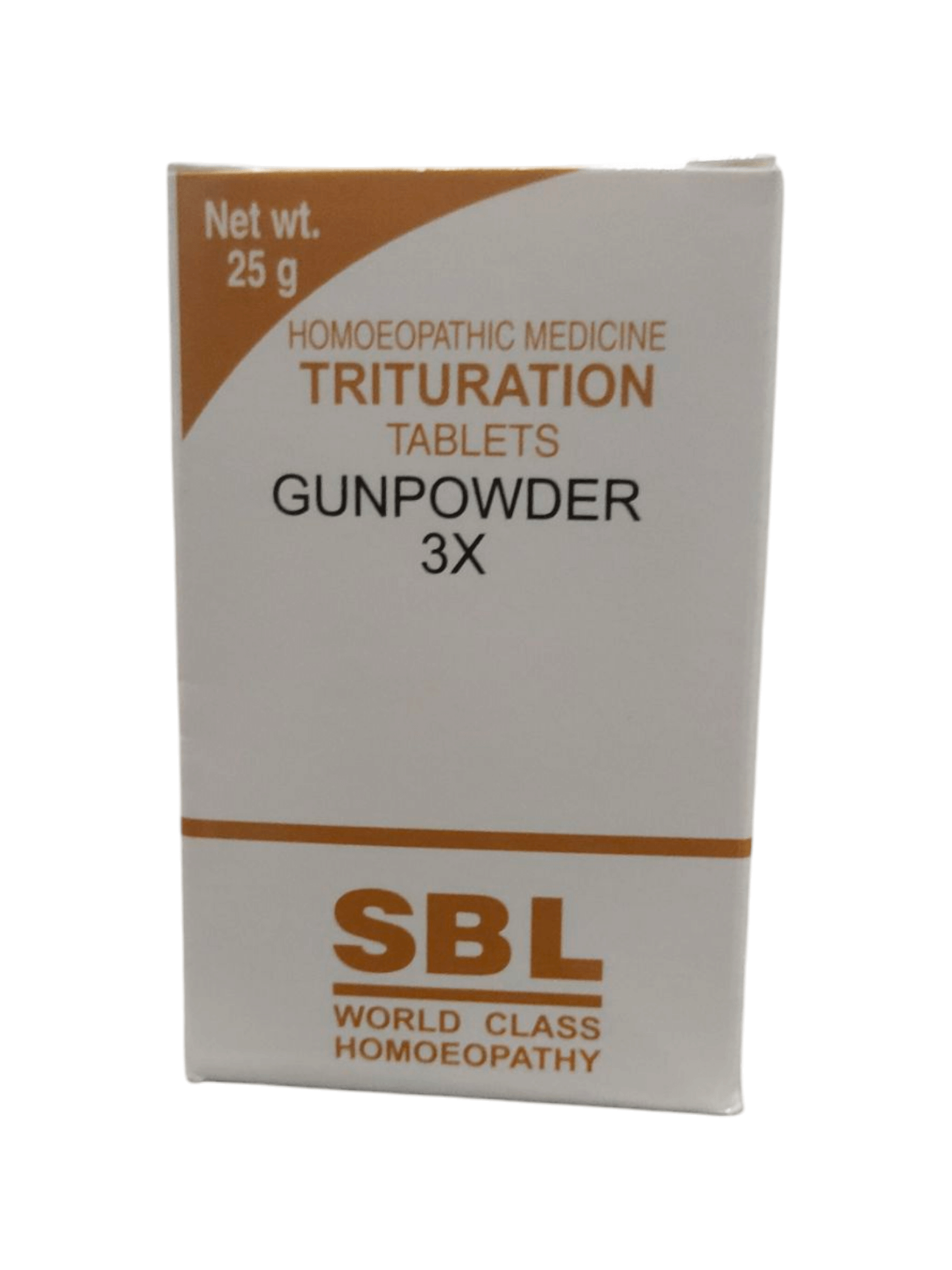 Box of SBL Gunpowder 3X homoeopathic tablets on a white background