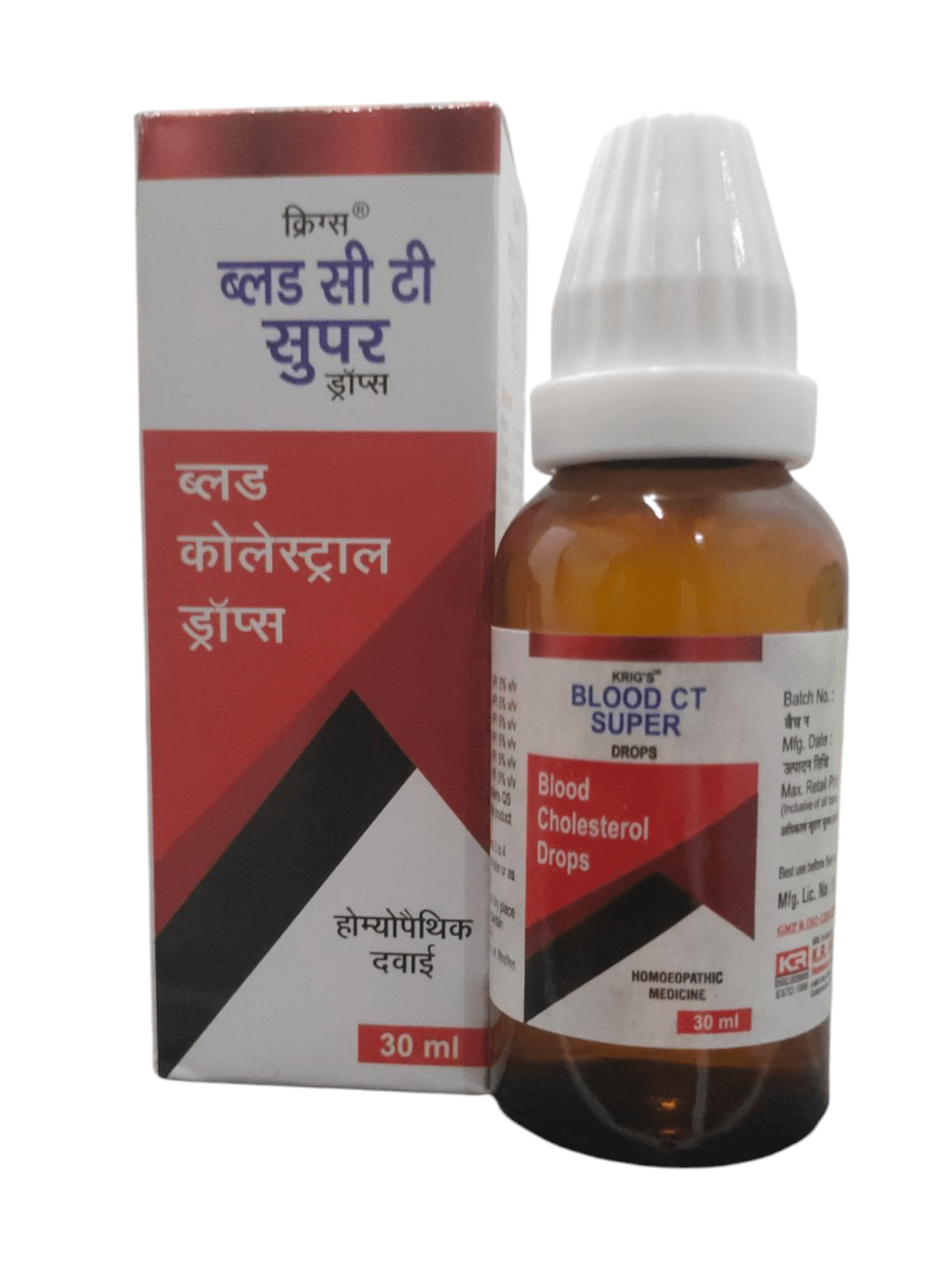 Bottle and box of Blood CT Super drops with red and white packaging on a white background