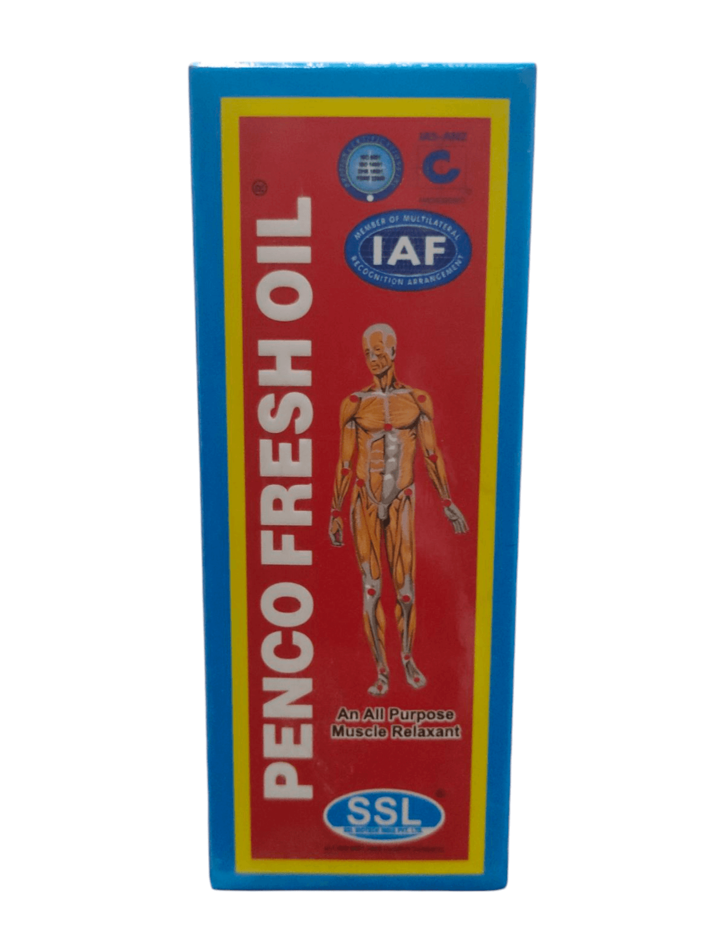Penco Fresh Oil packaging with a human figure illustration on a red and blue background