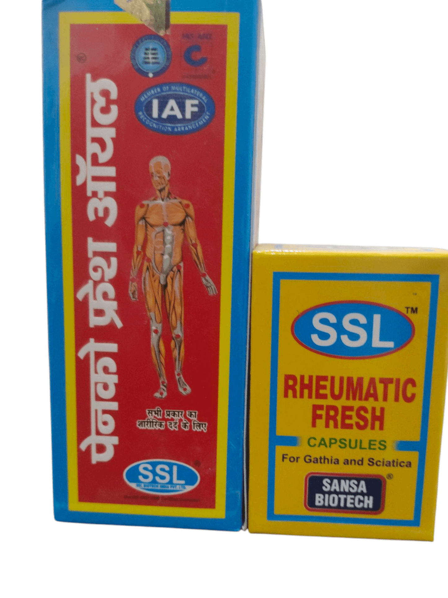 Two boxes of SSL Rheumatic Fresh capsules and Sansa Biotech product on a white background