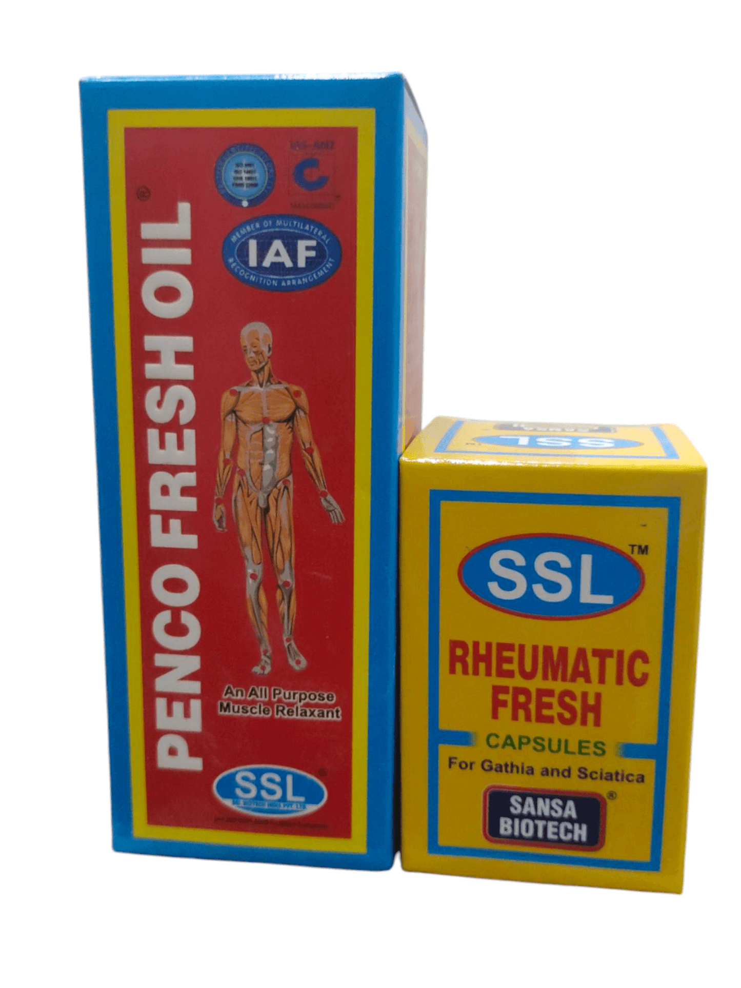 Two boxes of SSL products, one for Penco Fresh Oil and the other for Rheumatic Fresh Capsules, on a white background.