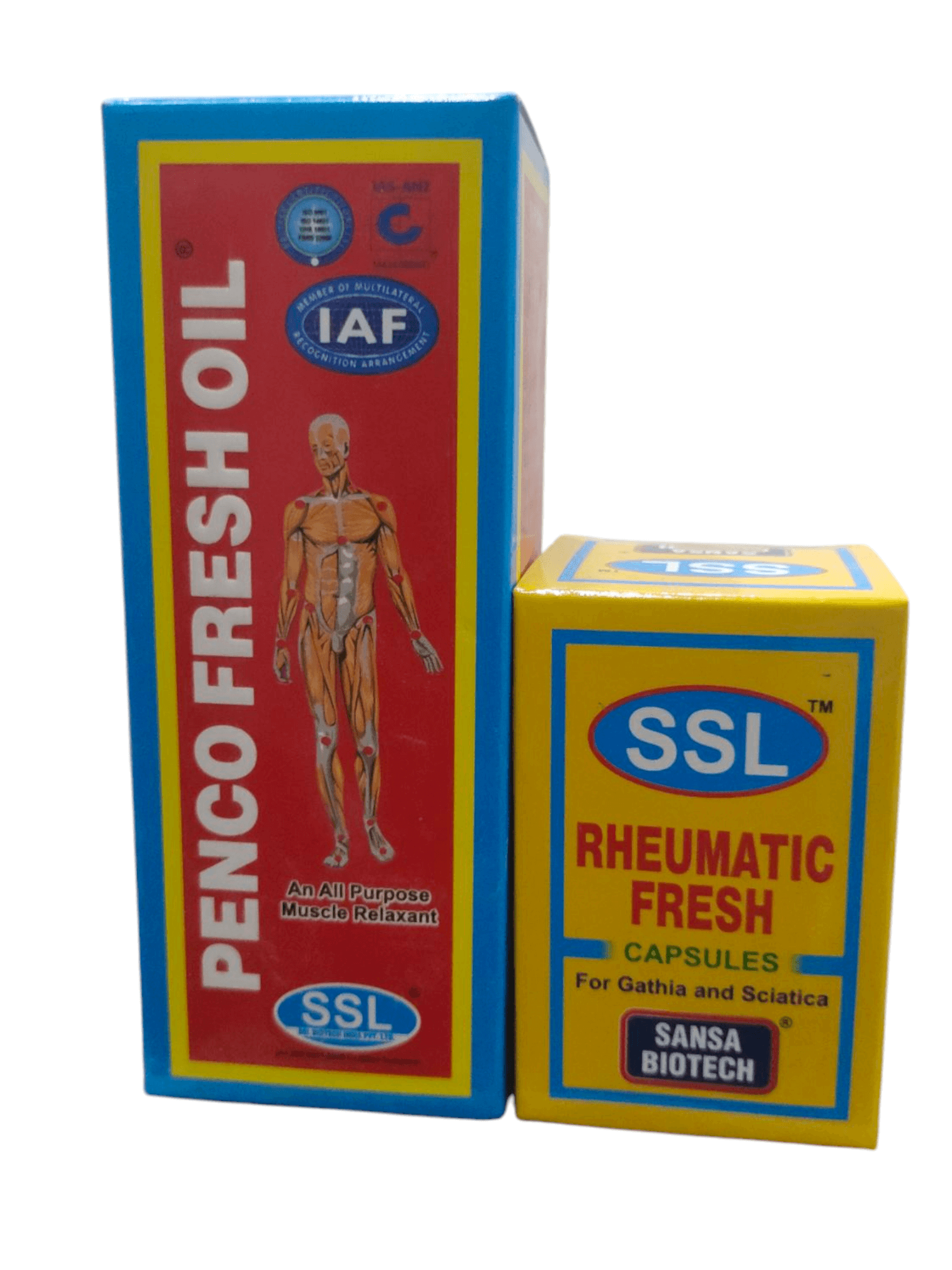 Two boxes of SSL products, one for Penco Fresh Oil and the other for Rheumatic Fresh Capsules, on a white background.