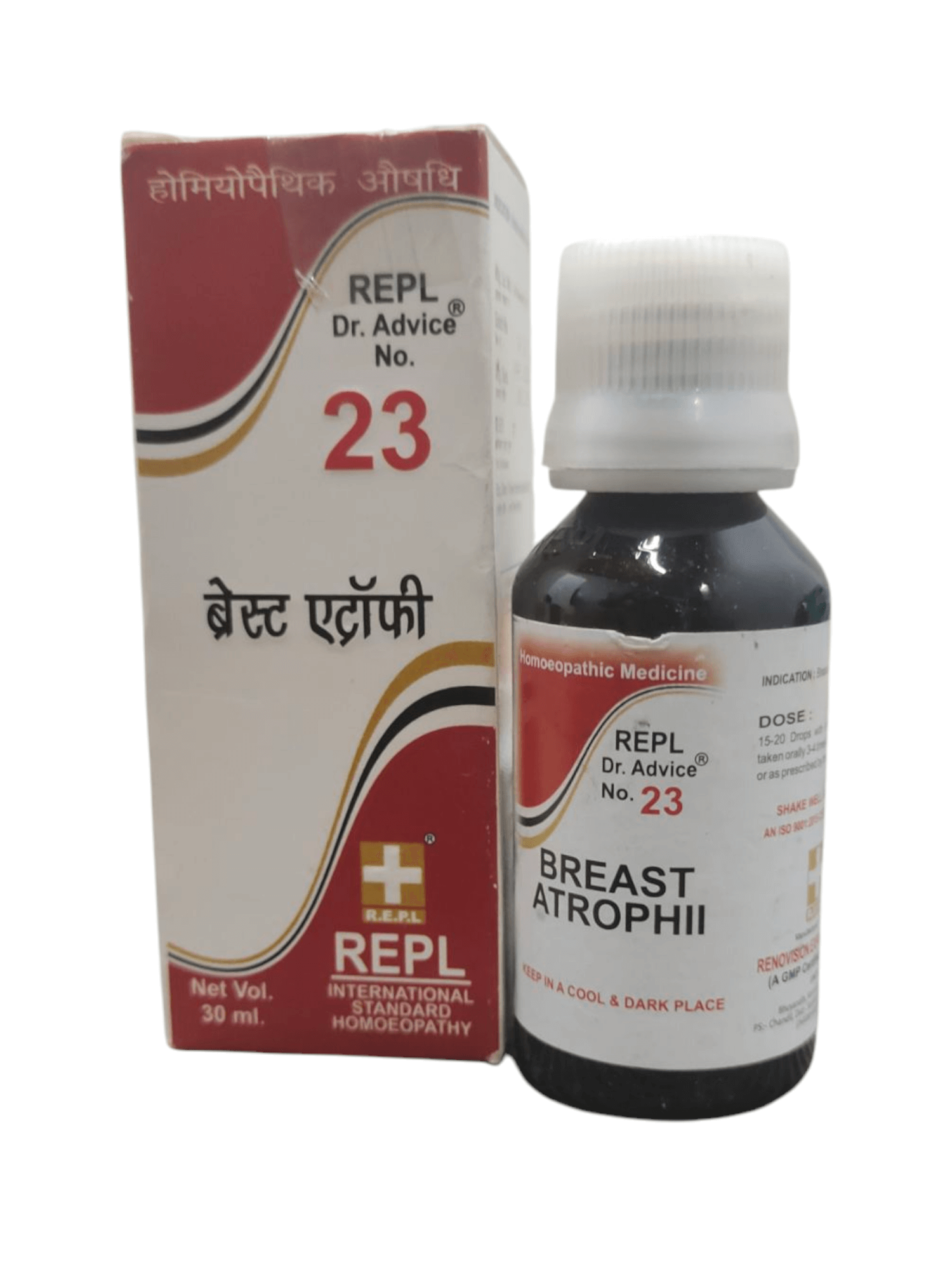 REPL Dr. Advice No. 23 bottle and box for Breast Atrophii on a white background