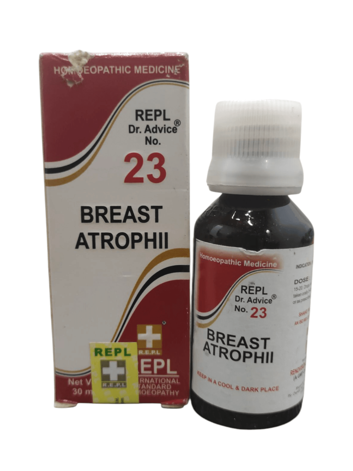 Bottle and box of Breast Atrophii medicine with red and white packaging on a white background