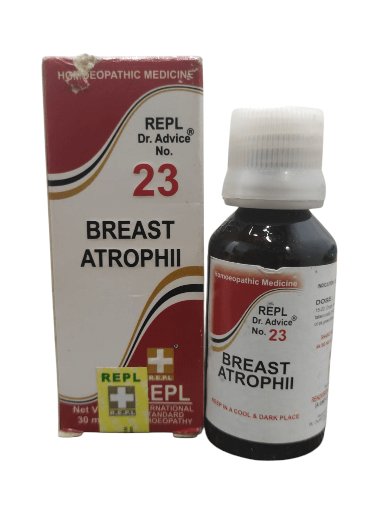 Bottle and box of Breast Atrophii medicine with red and white packaging on a white background