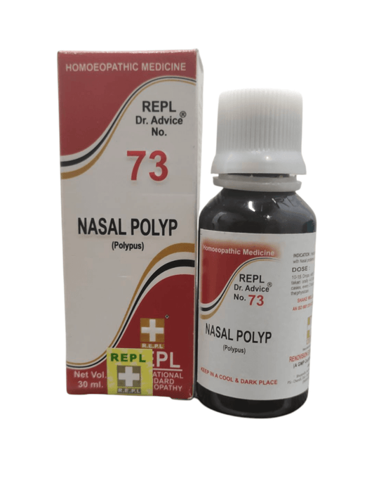 Bottle and box of REPL Dr. Advice No. 73 Nasal Polyp medicine on a white background