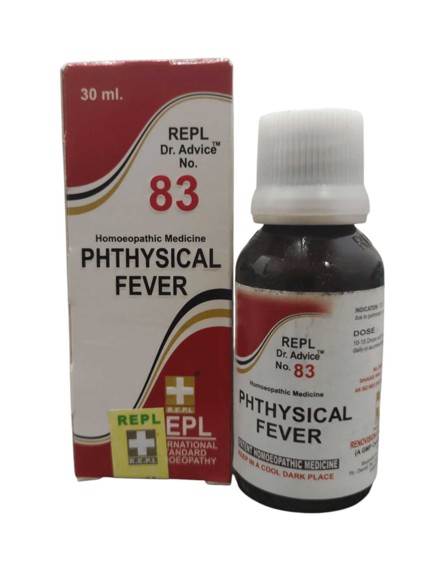 Bottle and box of REPL Dr. Advice No. 83 Pthysical Fever homoeopathic medicine on a white background