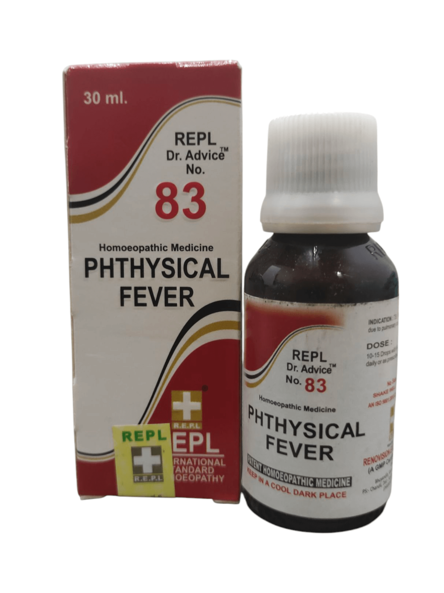 Bottle and box of REPL Dr. Advice No. 83 Pthysical Fever homoeopathic medicine on a white background