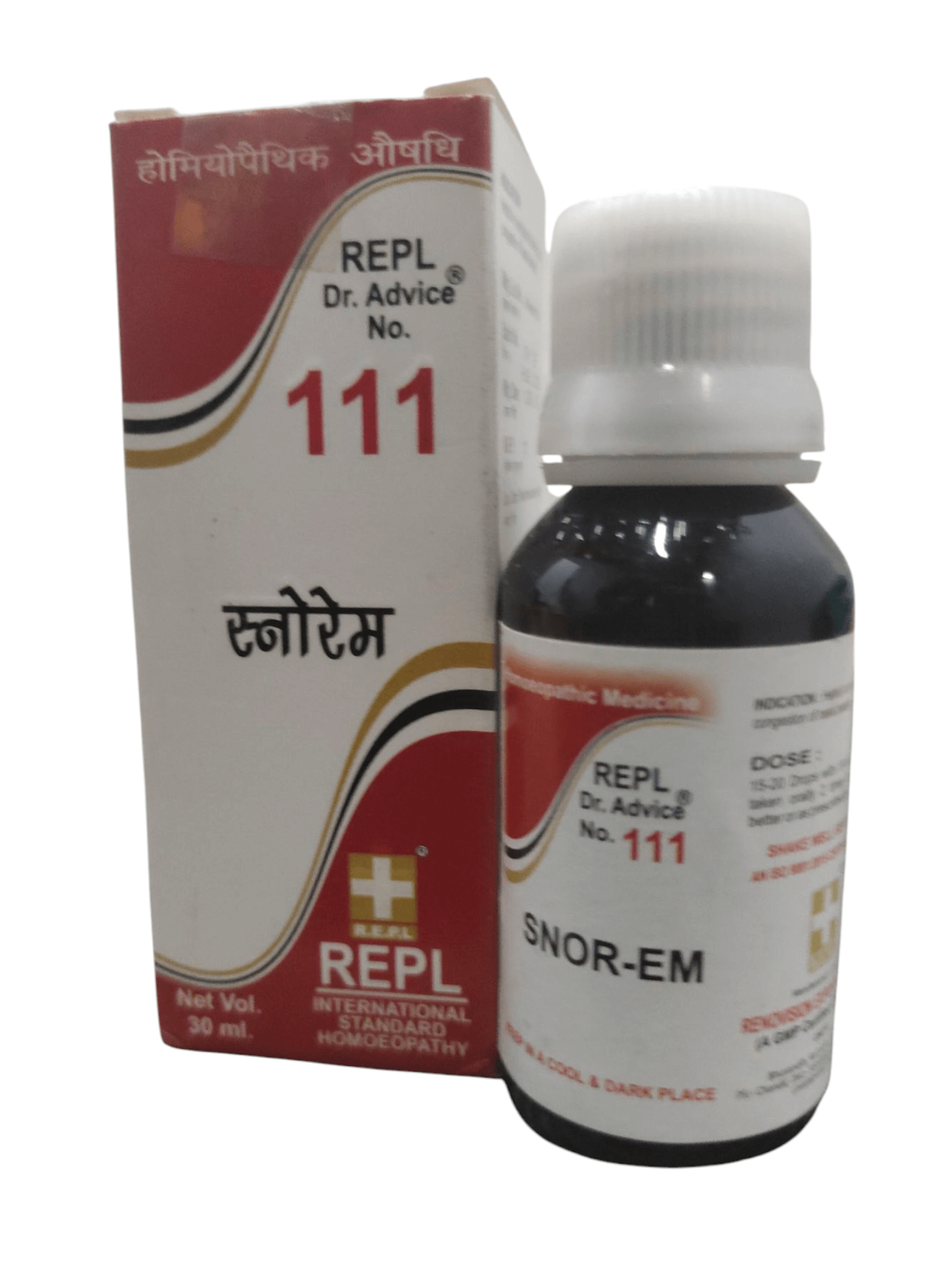 Bottle and box of SNOR-EM medication with REPL branding on a white background