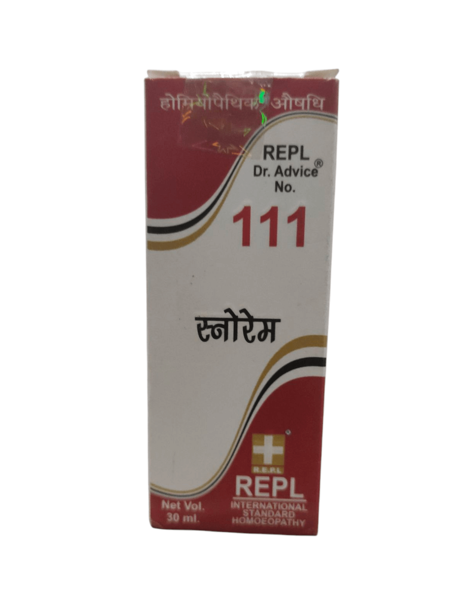 REPL Snorem box with red and white design on a white background