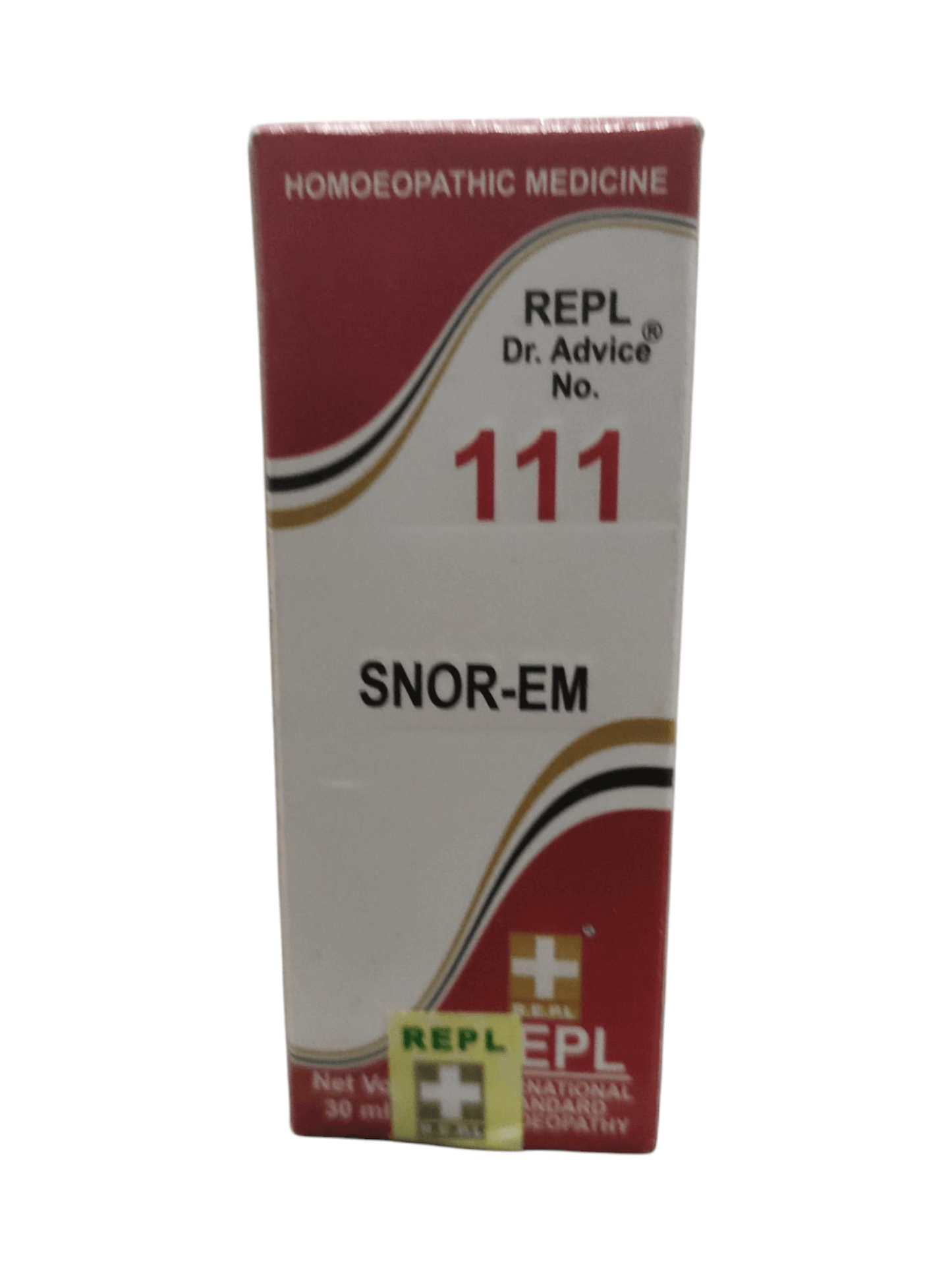 Box of SNOR-EM homoeopathic medicine with red and white design