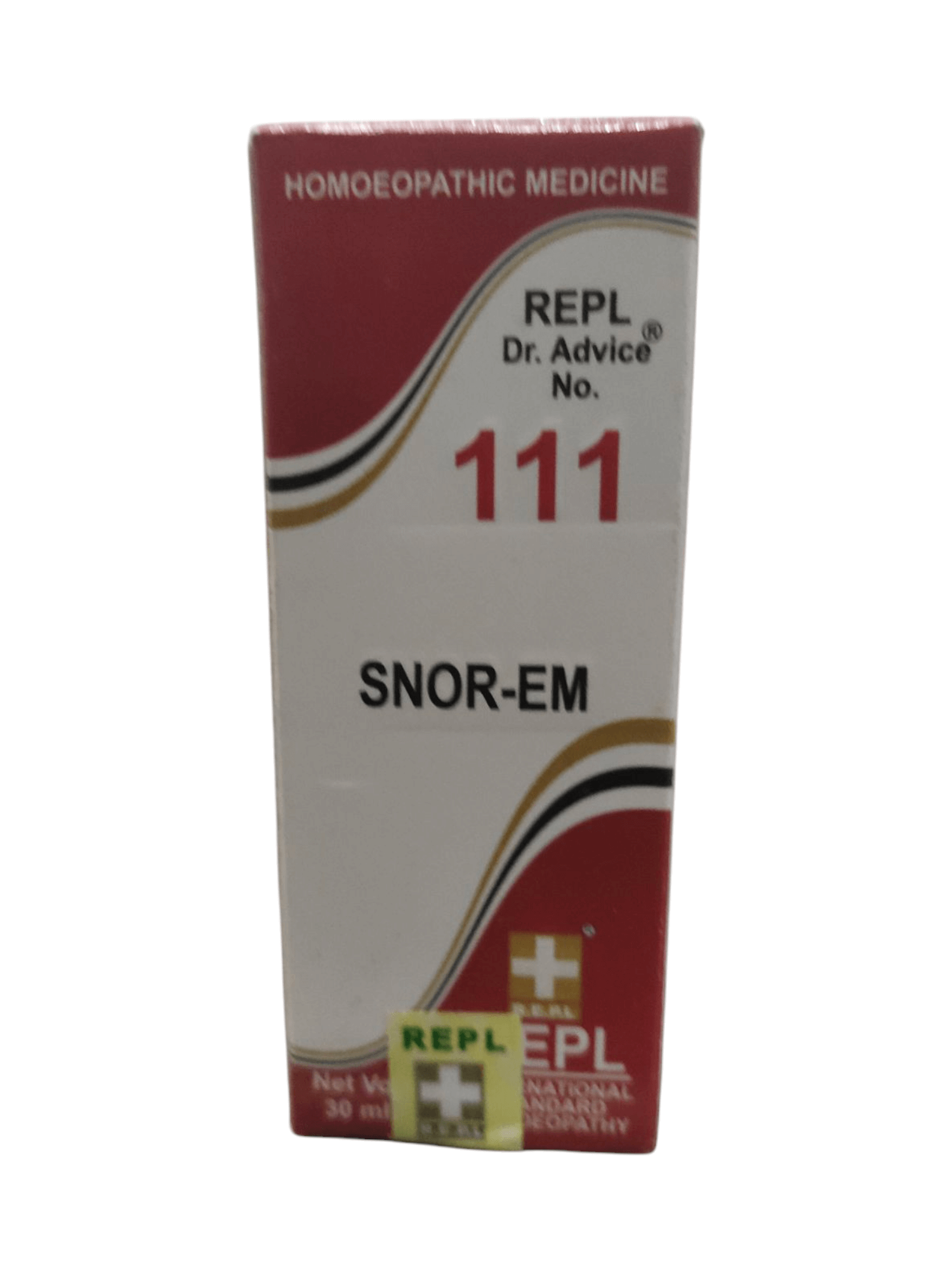 Box of SNOR-EM homoeopathic medicine with red and white design