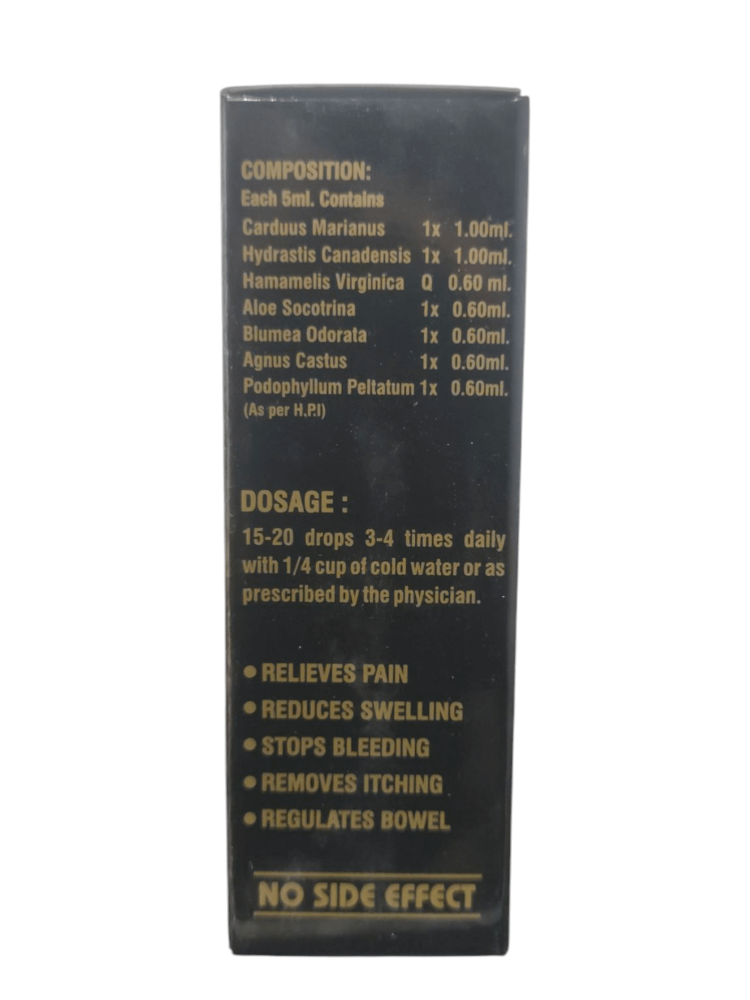 Black box with yellow text containing medical information and dosing instructions on a white background