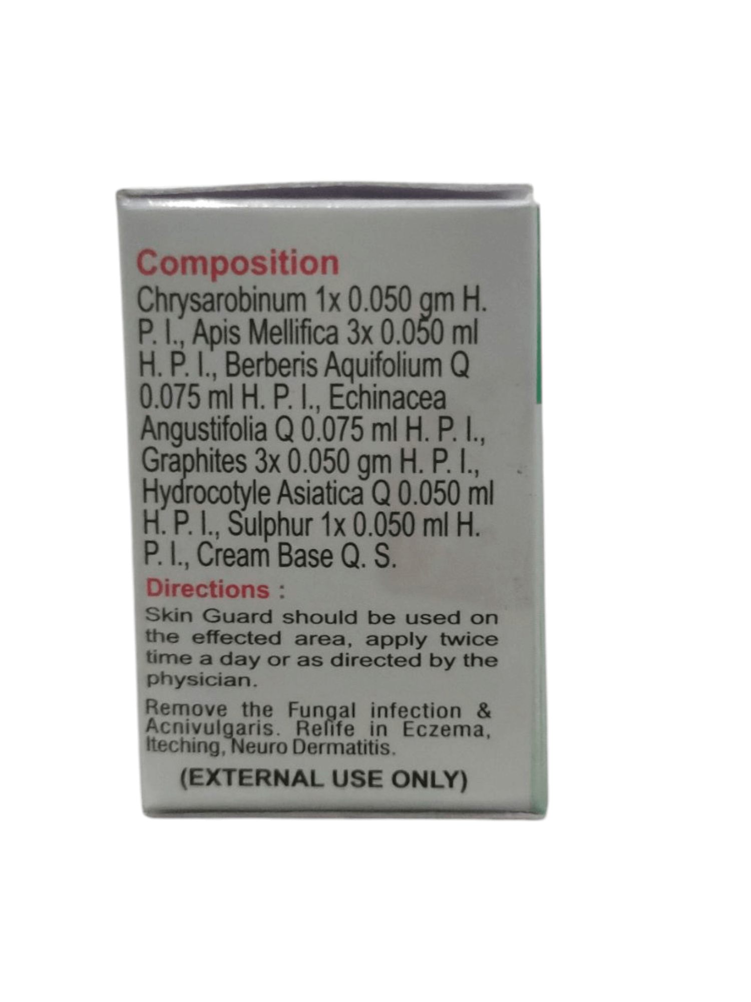 Ingredients list and directions for Super Skin Guard for Dermoderm Cream, herbal topical formulation for skin healing.