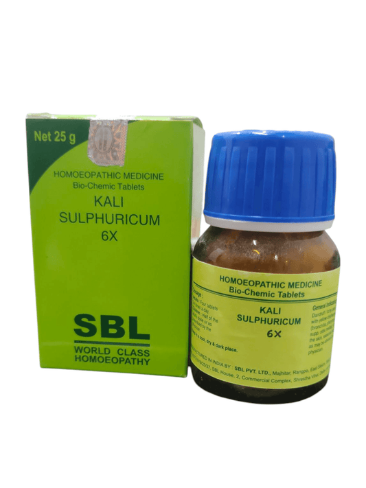 SBL Kali Sulphuricum 6x BIO-CHEMIC Tablets bottle and box for respiratory and skin health support.