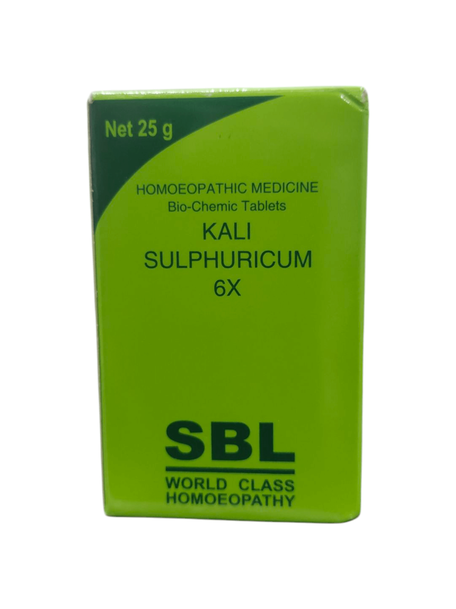 SBL Kali Sulphuricum 6X biochemic tablets packaging, 25g, homeopathic remedy for respiratory and skin health.
