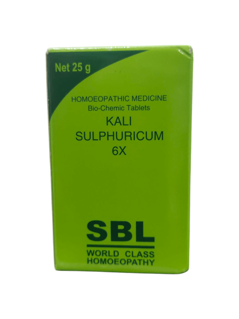SBL Kali Sulphuricum 6X biochemic tablets packaging, 25g, homeopathic remedy for respiratory and skin health.
