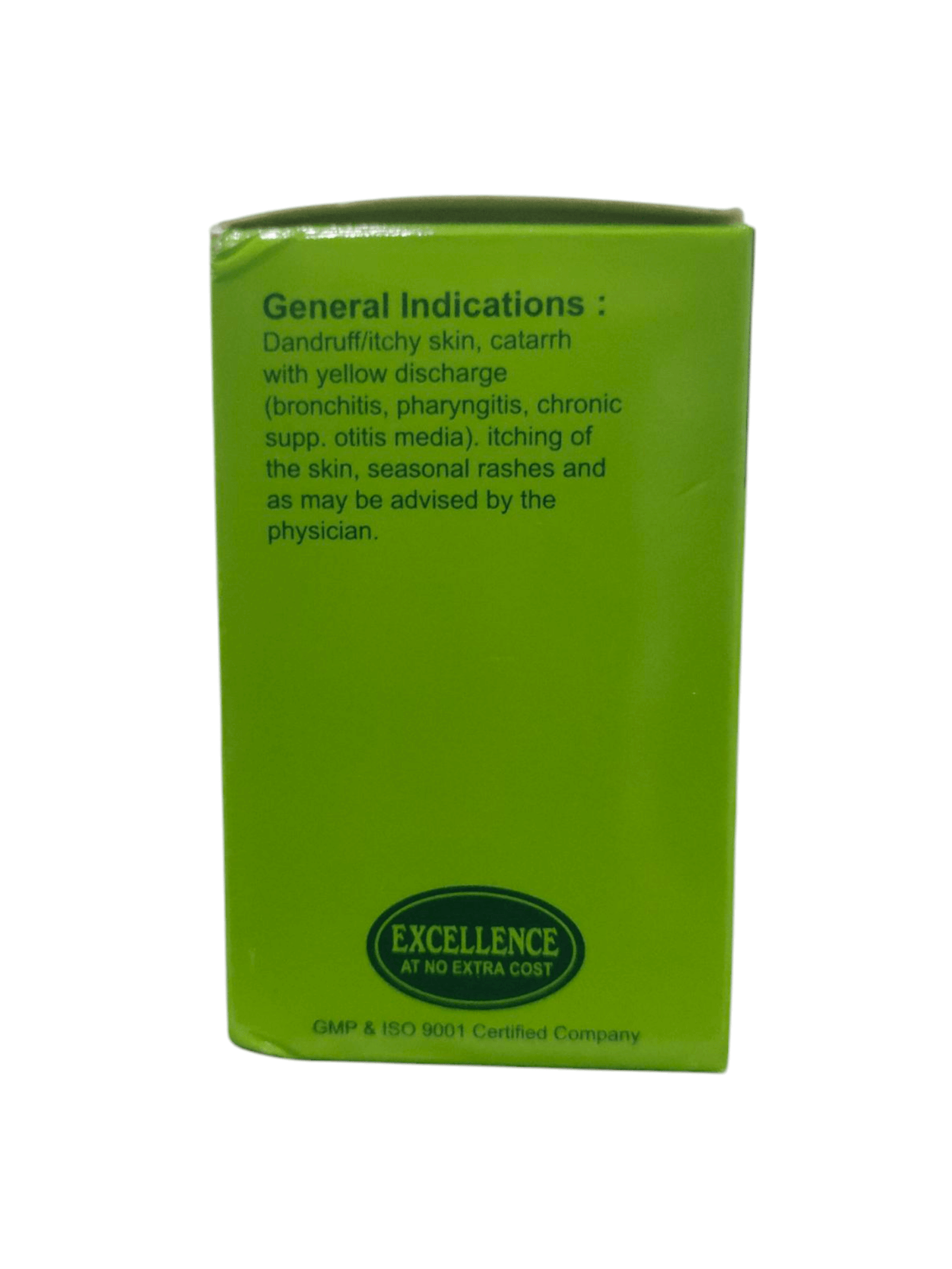 Green packaging of homeopathic remedy with indications for skin and respiratory issues.