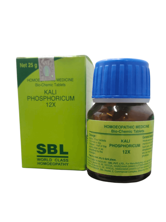 SBL Kali Phosphoricum 12X BIO-CHEMIC Tablets bottle and box, homeopathic medicine for stress relief and fatigue management.