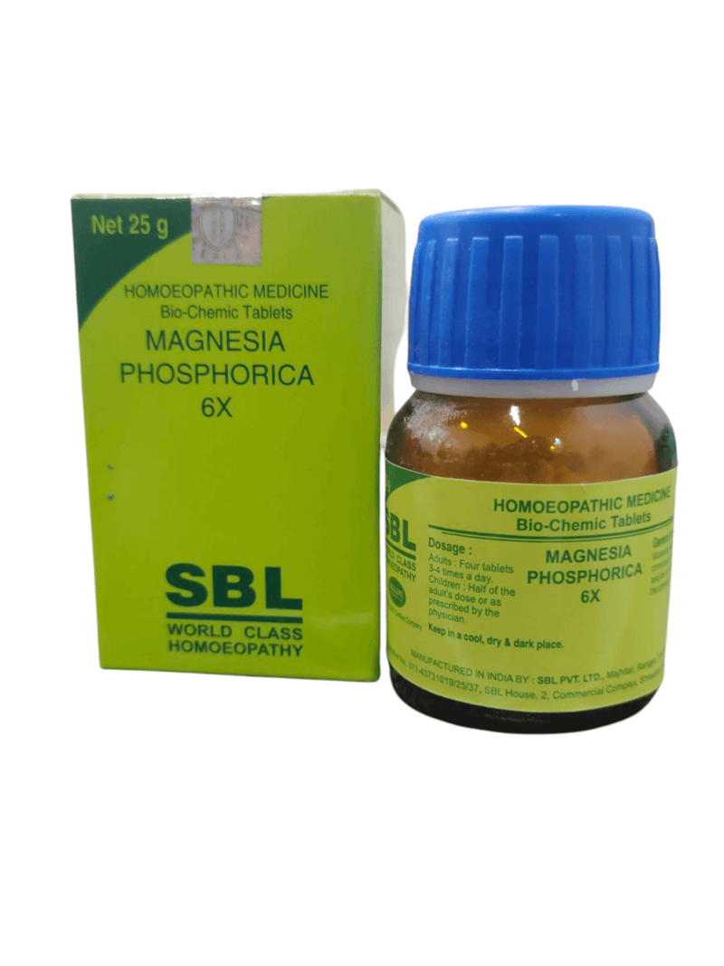 SBL Magnesia Phosphorica 6X 25g homeopathic tablets for muscle and nerve health.