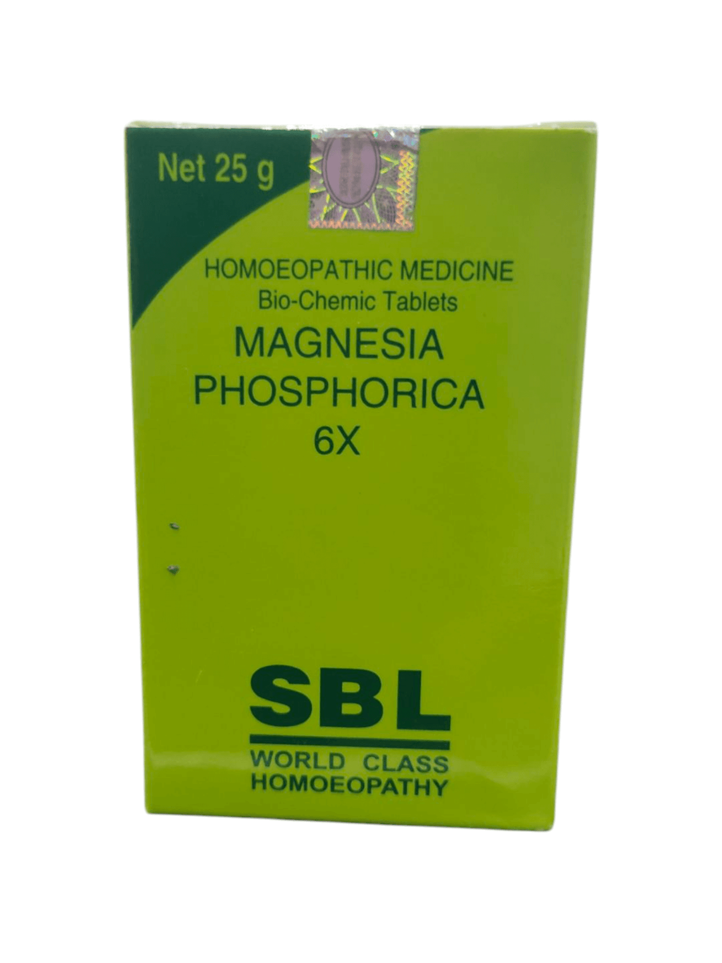 SBL Magnesia Phosphorica 6X Bio-Chemic Tablets pack, 25g, homeopathic remedy for muscle health.